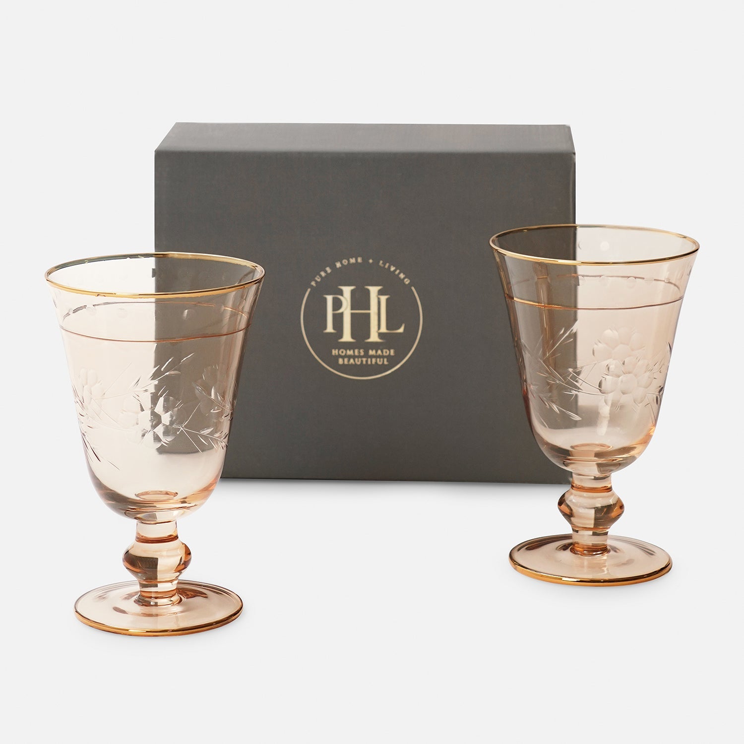 Set of 2 Gold Floral Etching Wine Glasses