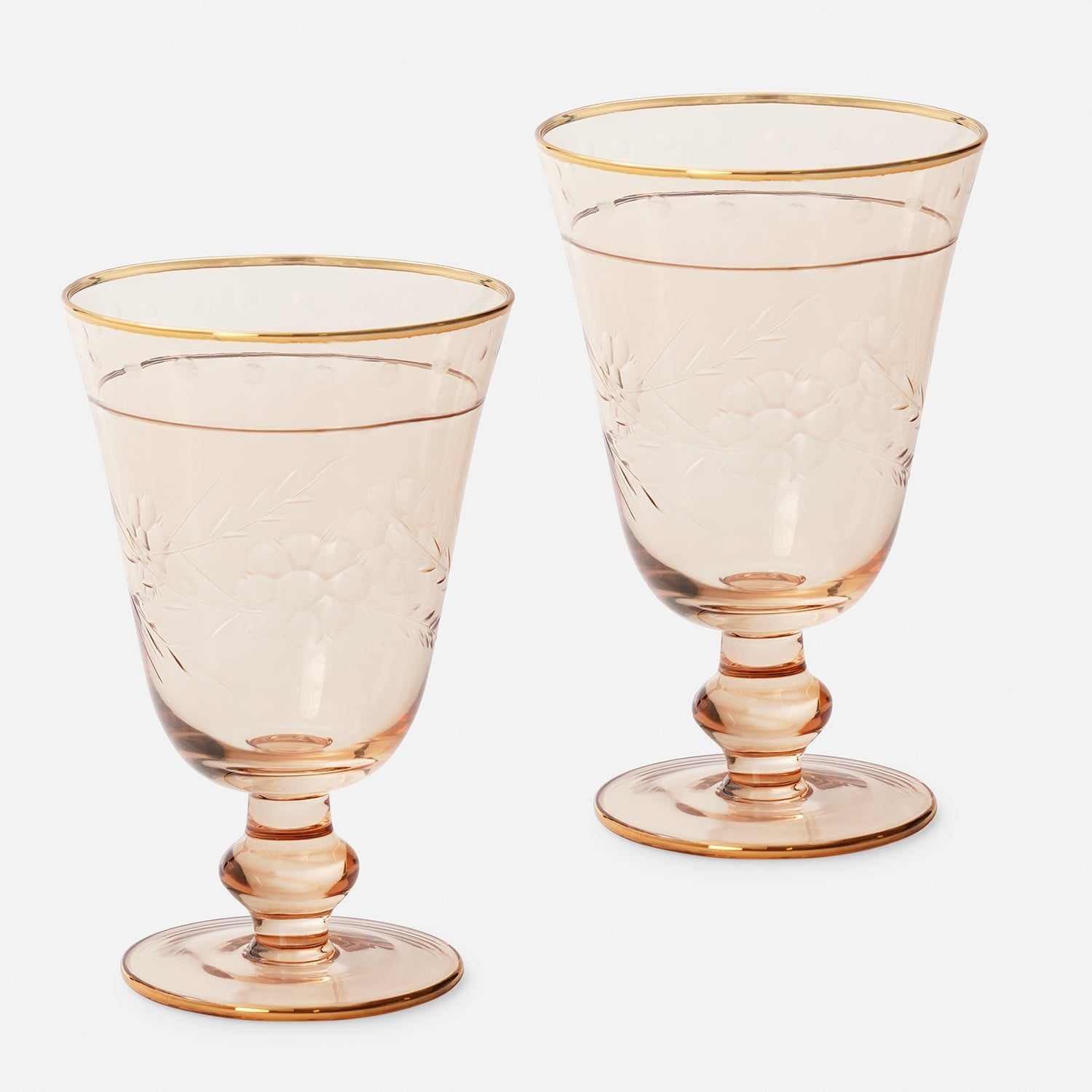 Set of 2 Gold Floral Etching Wine Glasses