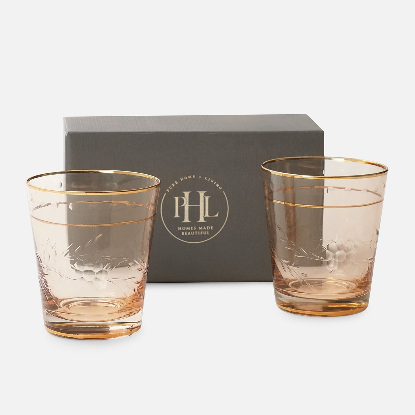 Set of 2 Gold Floral Etching Drinking Glasses