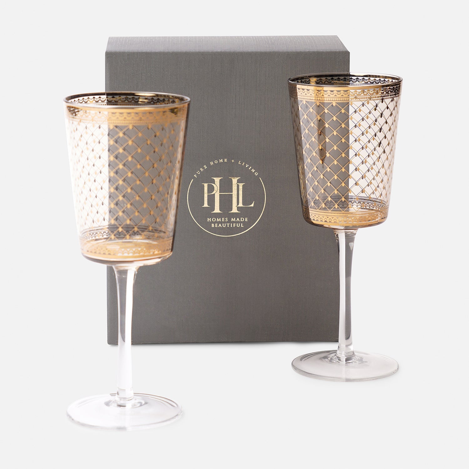 Set of 2 Clear Criss Cross Printed Wine Glasses
