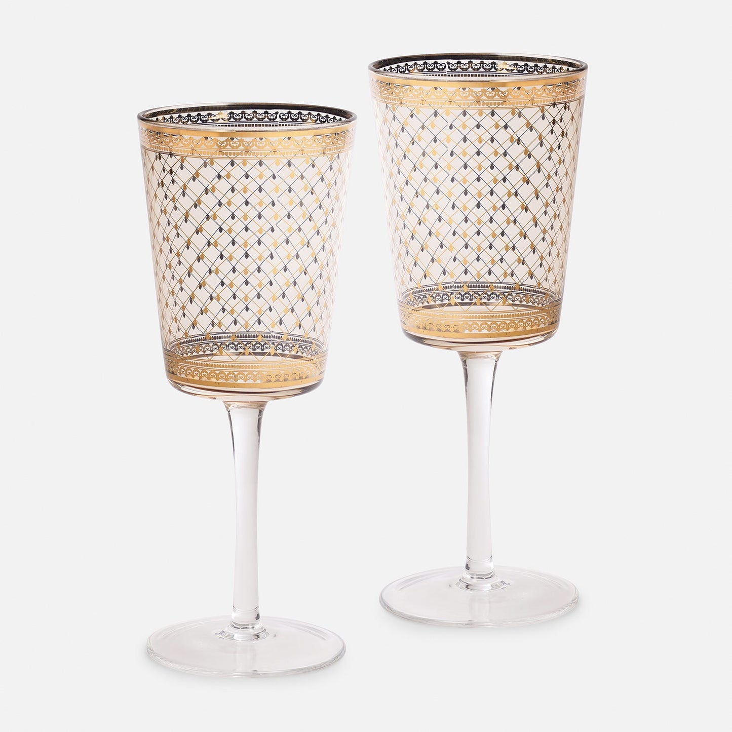 Set of 2 Clear Criss Cross Printed Wine Glasses
