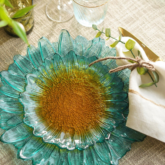 Set Of 2 Blue & Yellow Ombre Gerbera Shaped Desset Plates