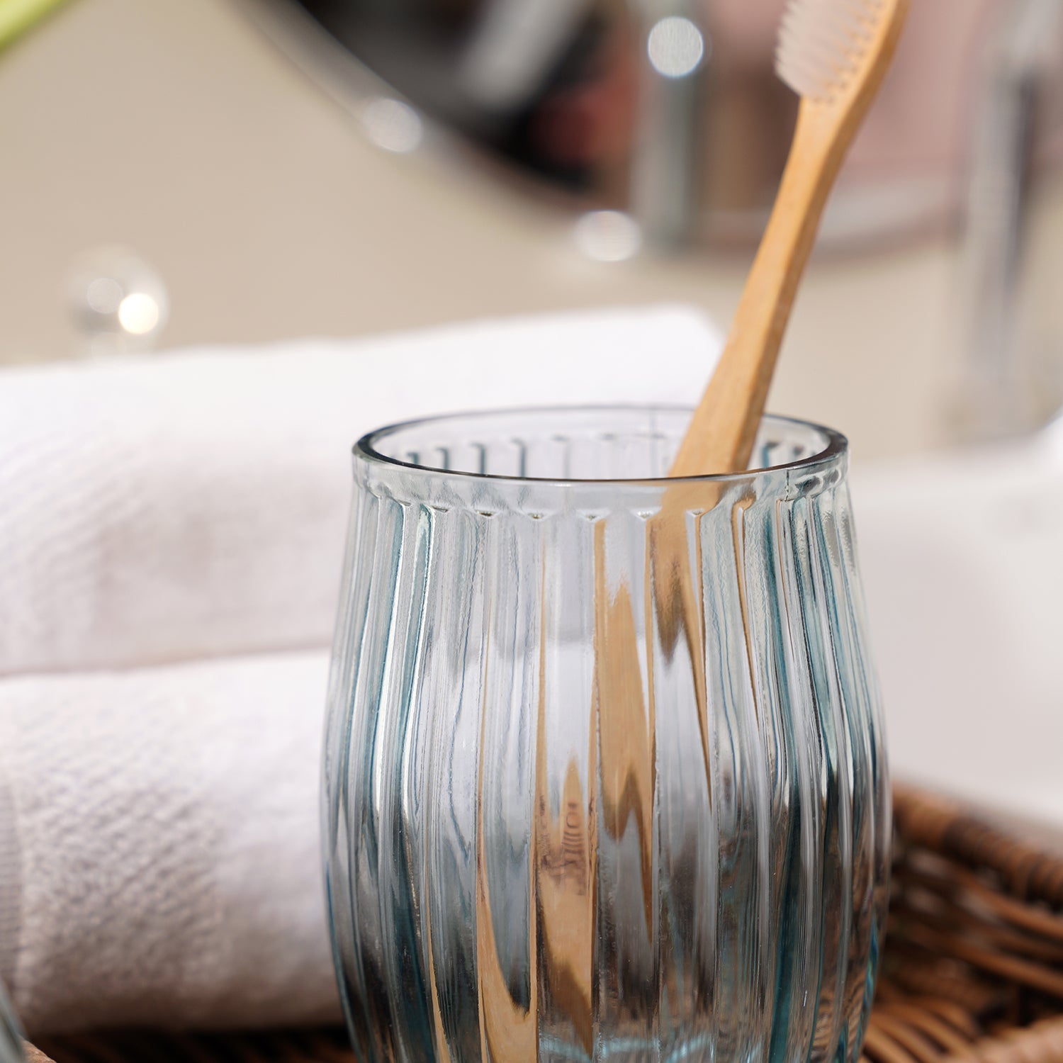 Blue Ribbed Glass Toothbrush Holder