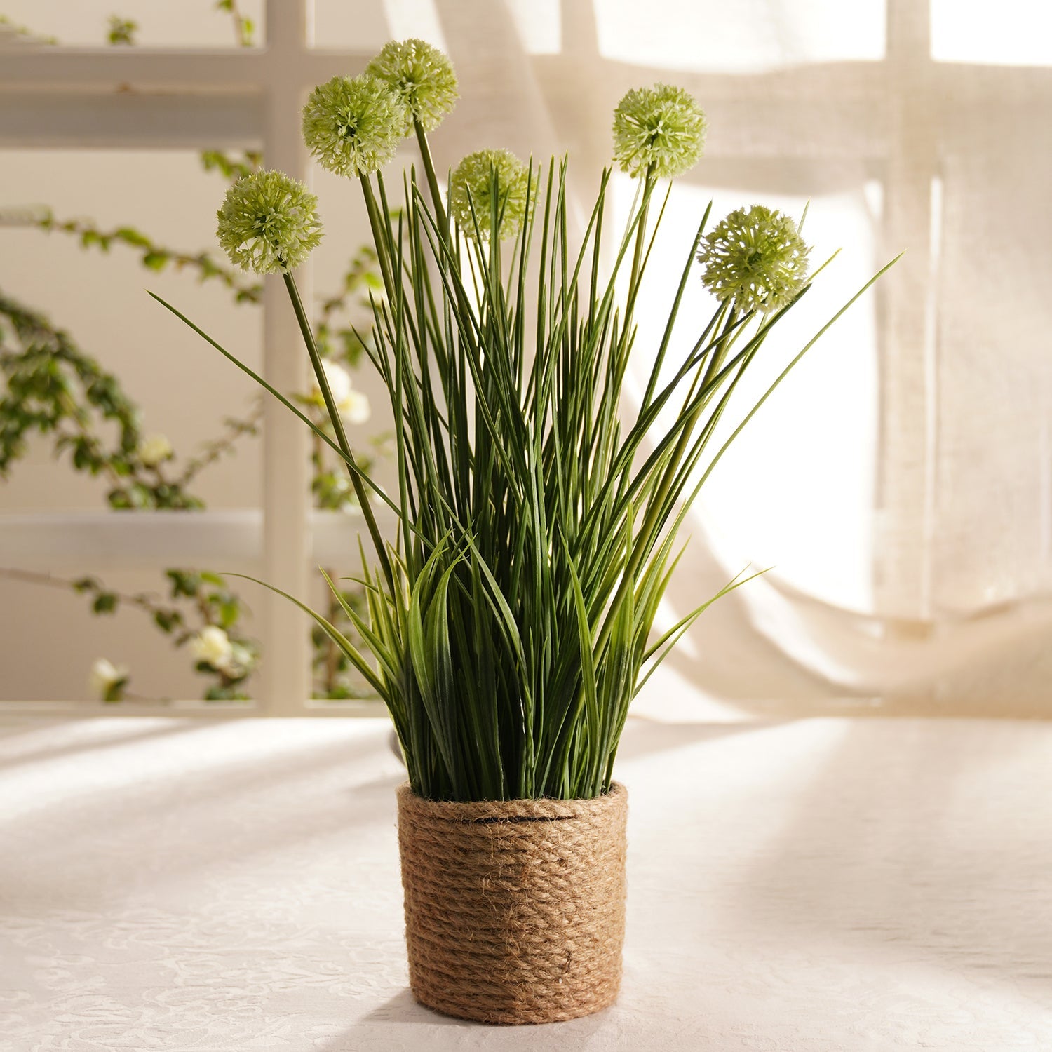 Green Artificial Onion Flower with Rattan Basket