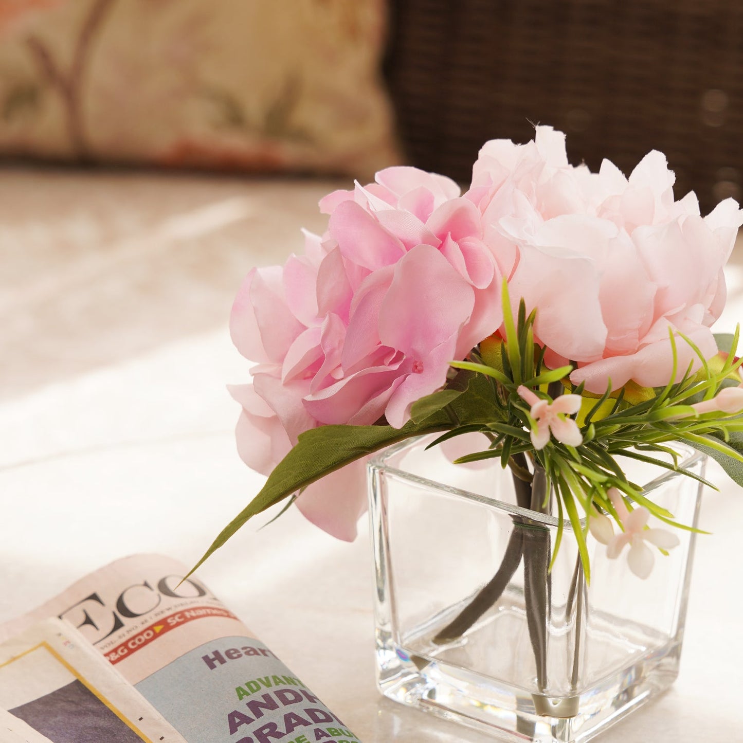 Light Pink Artificial Peony with Glass Vase