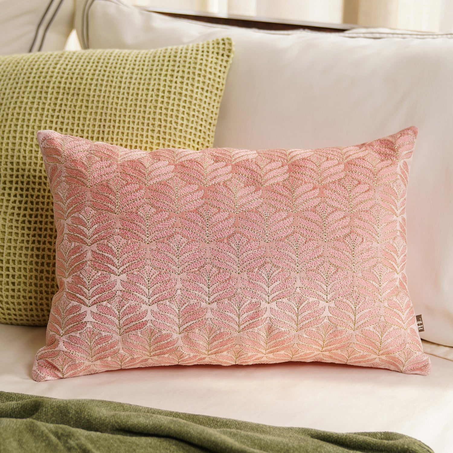 Pink Embroidered Velvet Rectangular Cushion Cover