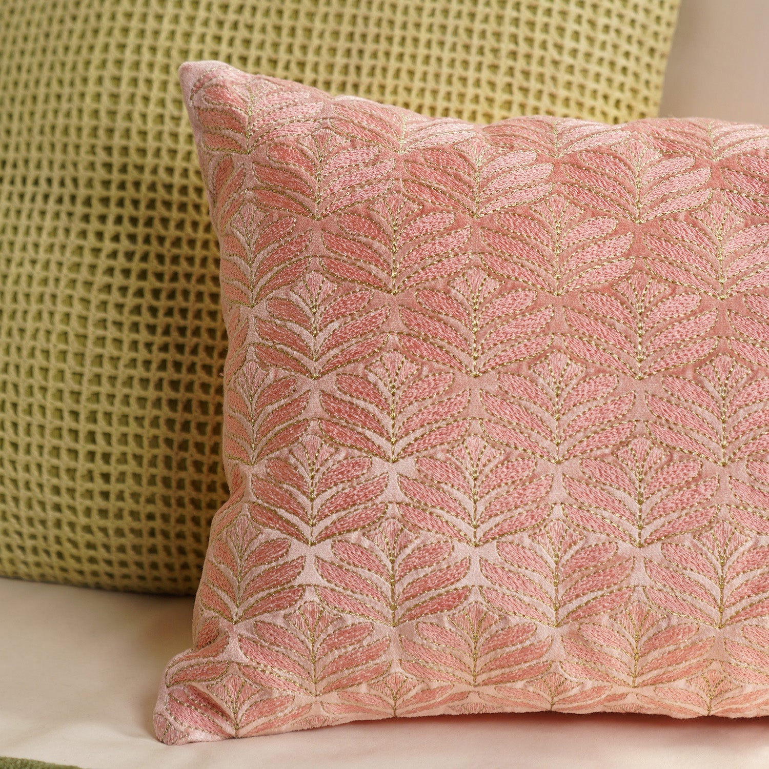 Pink Embroidered Velvet Rectangular Cushion Cover