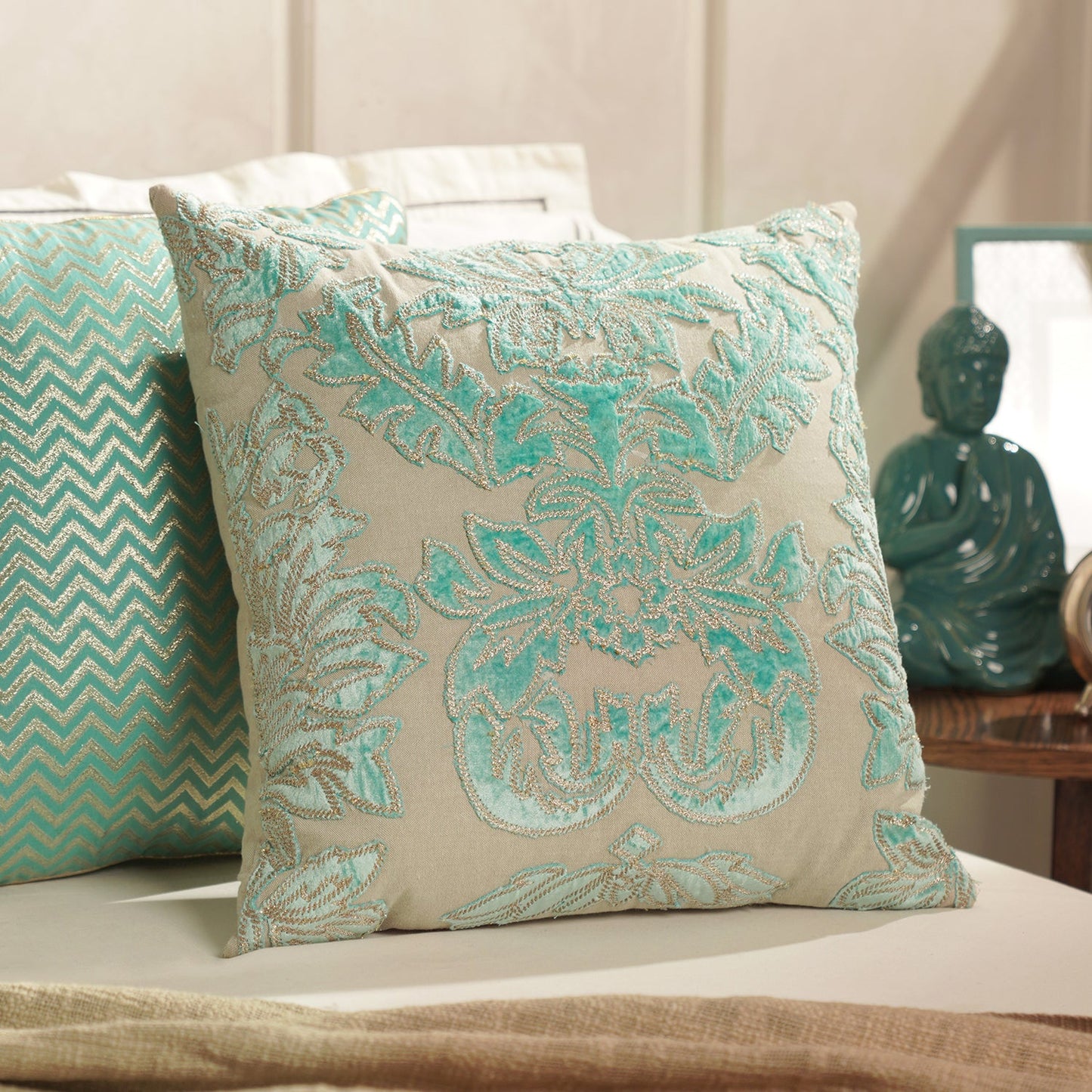 Blue Applique Work Square Cushion Cover