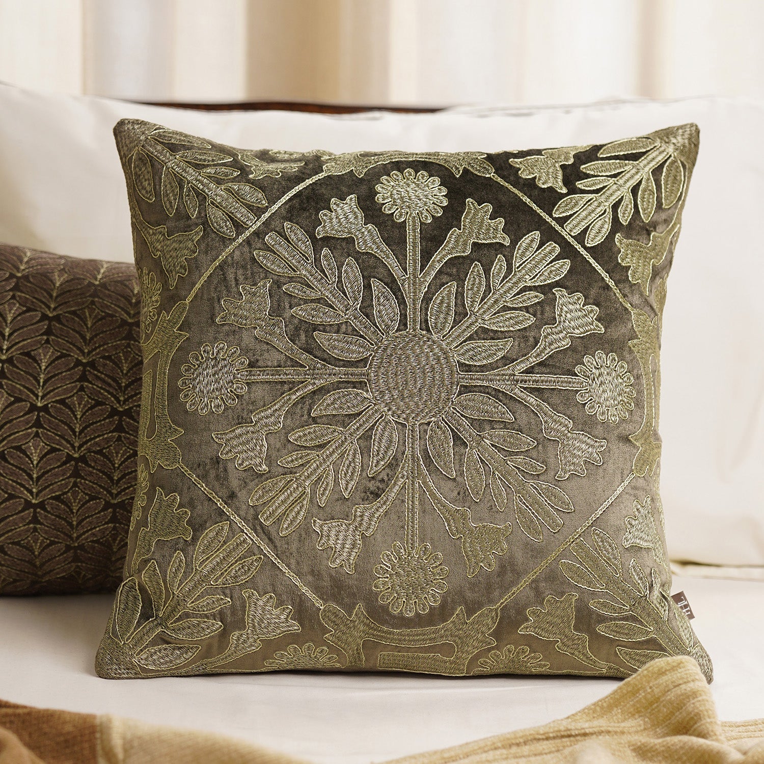 Brown Zari Embroidered Velvet Cushion Cover