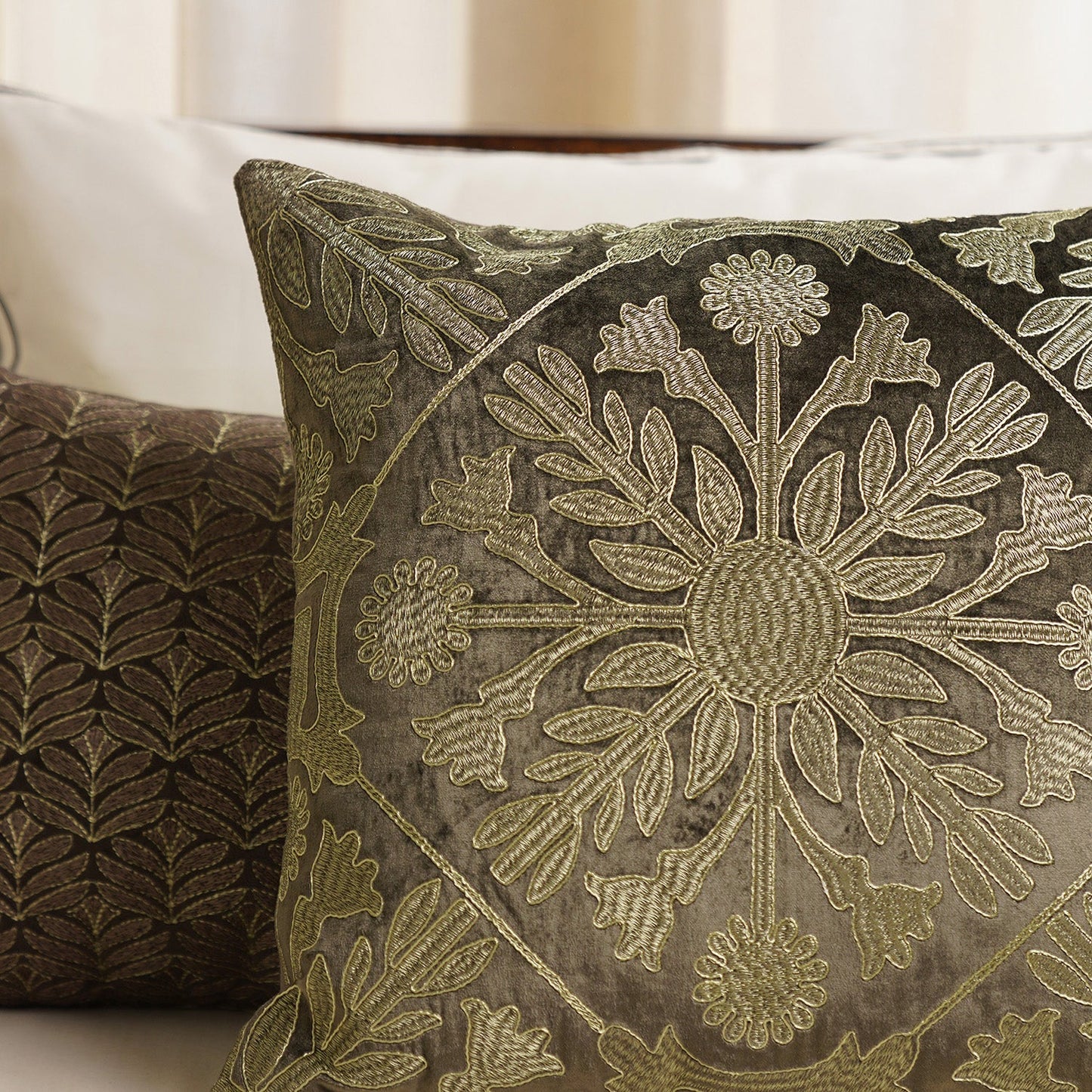 Brown Zari Embroidered Velvet Cushion Cover