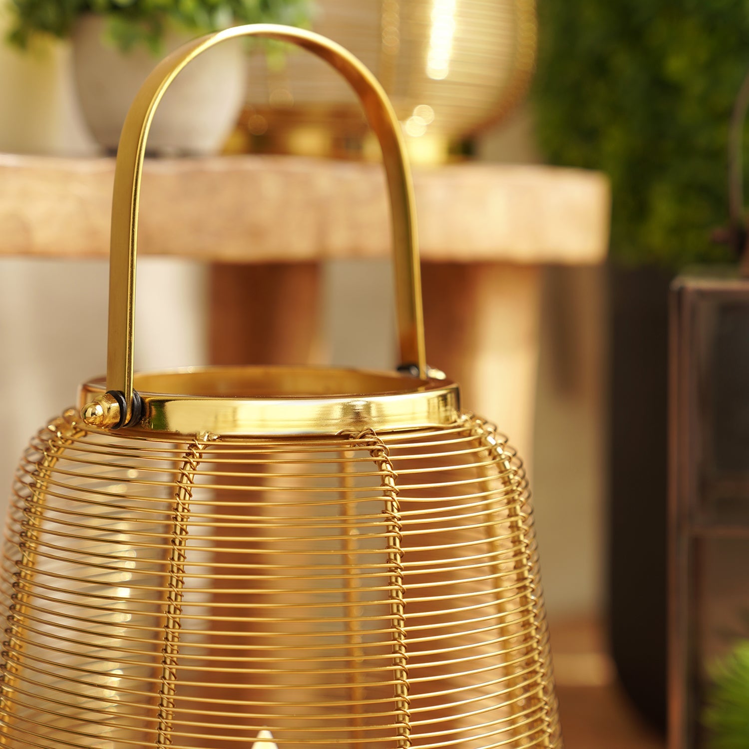 Gold Metal Round Lantern with Glass - Large