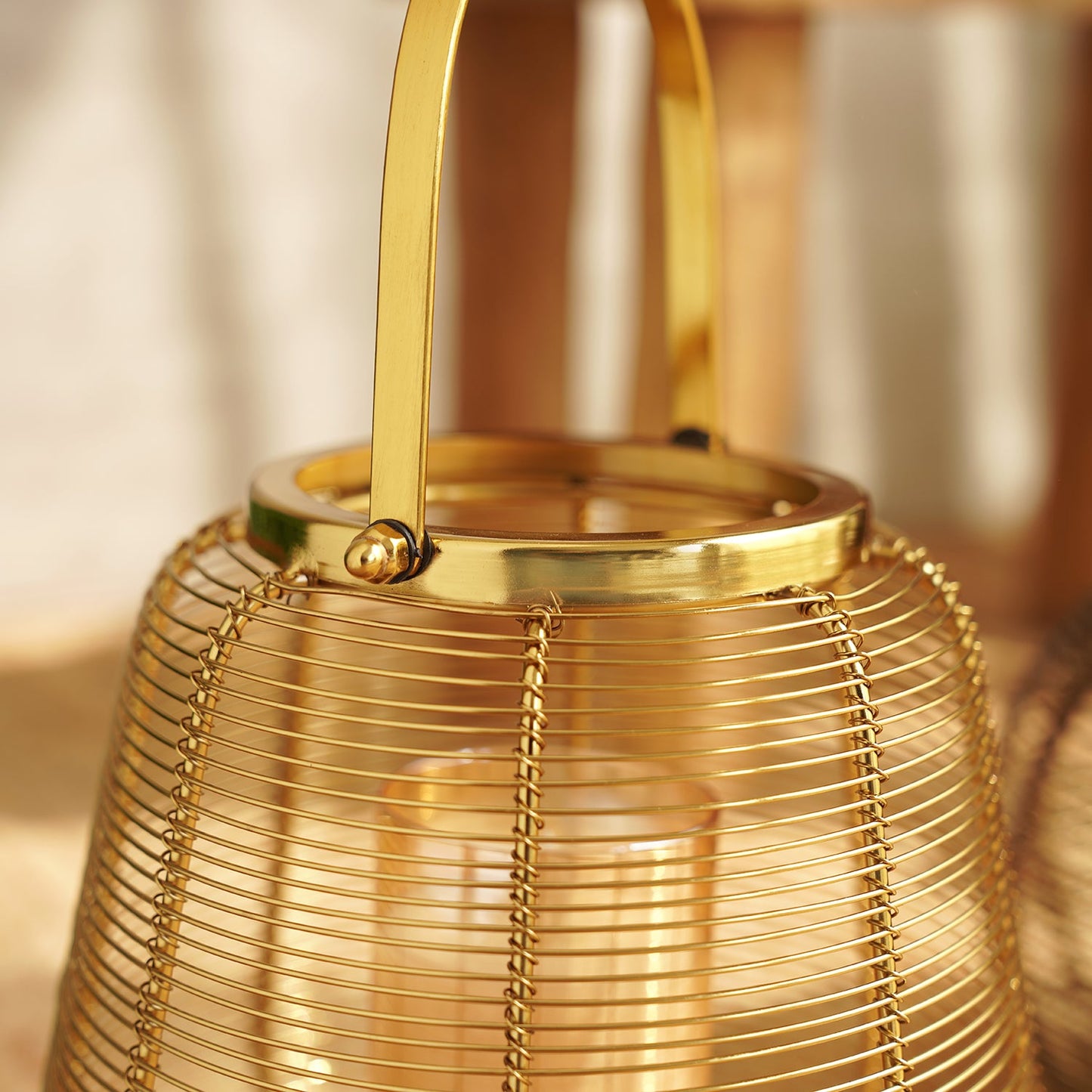 Gold Metal Round Lantern with Glass - Small