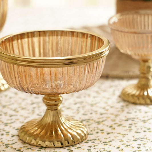 Gold Ribbed Glass Decorative Bowl with Stand - Small