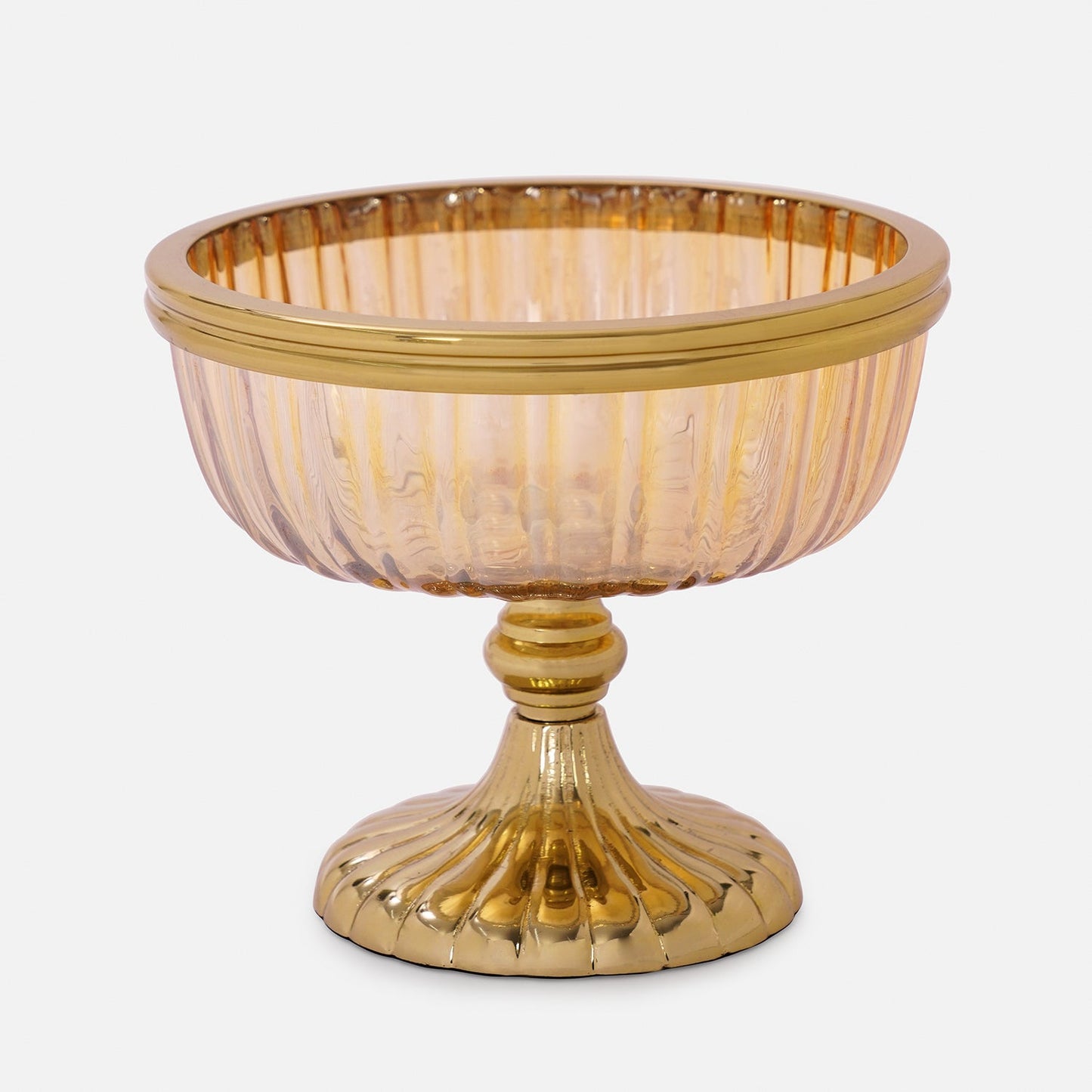 Gold Ribbed Glass Decorative Bowl with Stand - Small