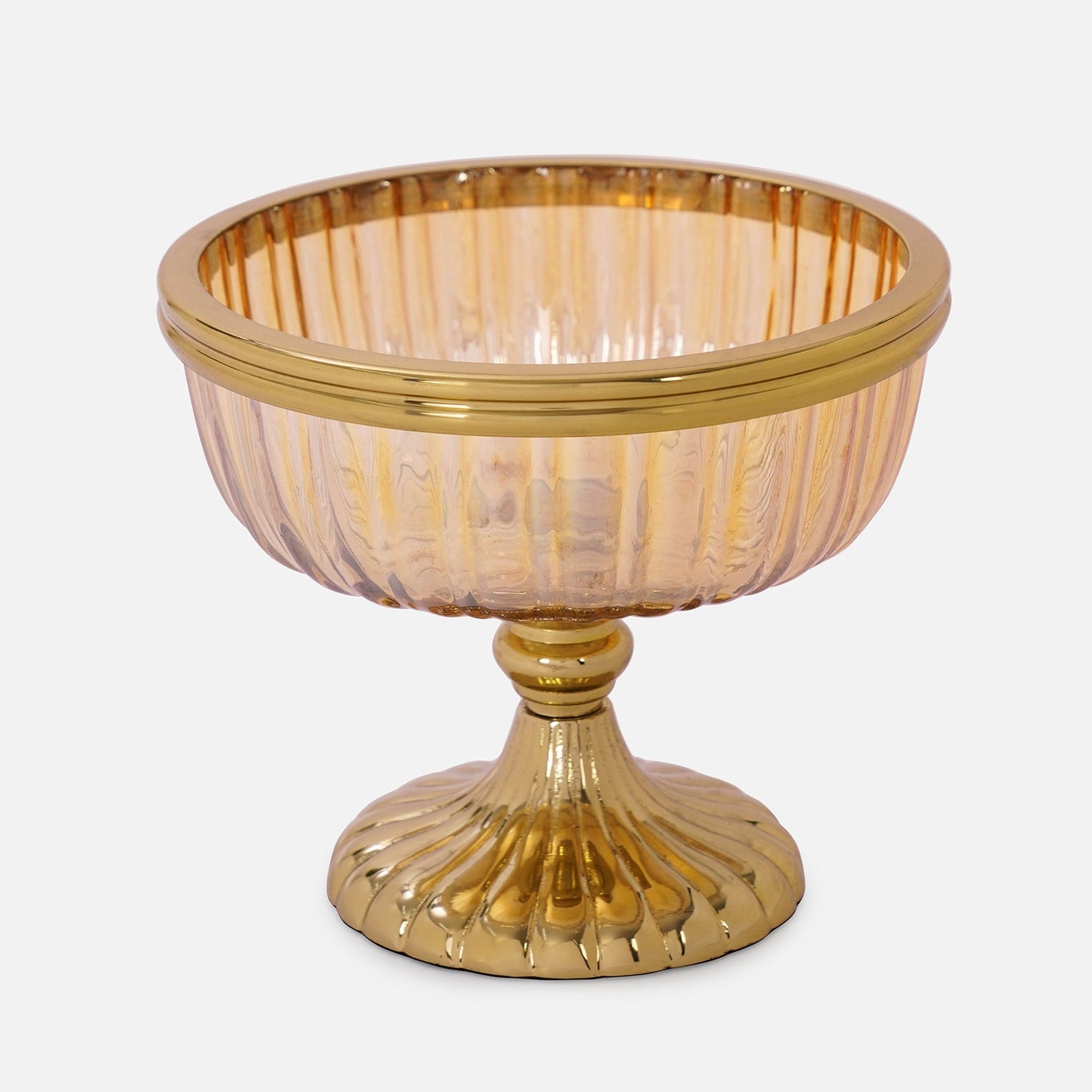 Gold Ribbed Glass Decorative Bowl with Stand - Small