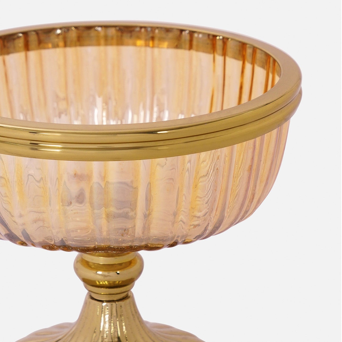 Gold Ribbed Glass Decorative Bowl with Stand - Small