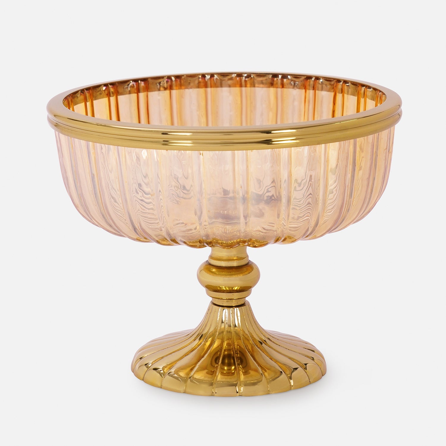 Gold Ribbed Glass Decorative Bowl with Stand