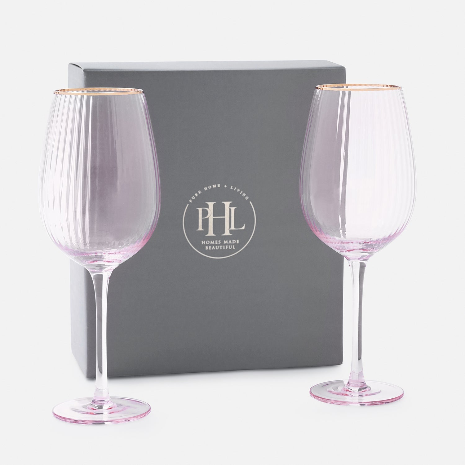 Set of 2 Light Pink Ribbed Textured Wine Glasses