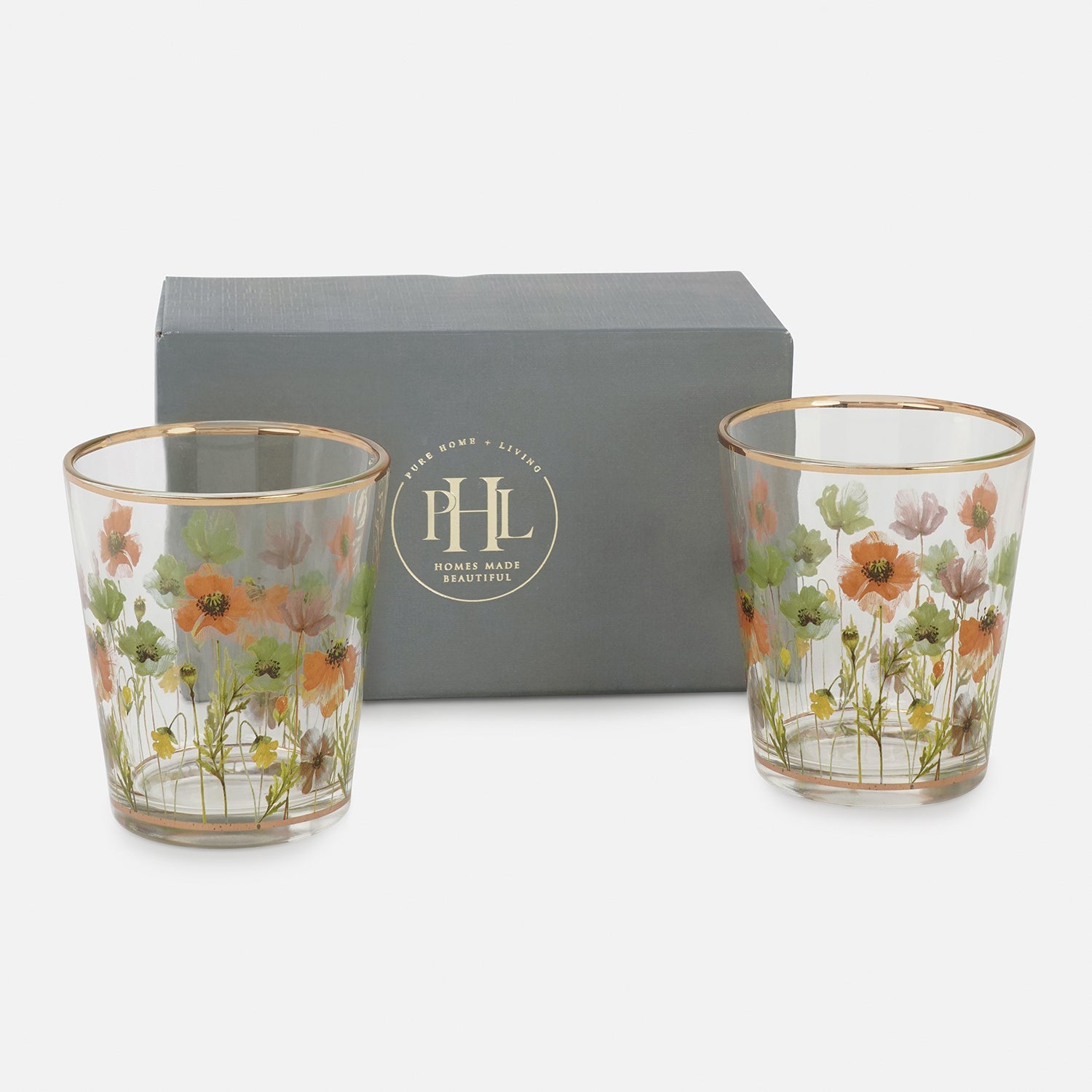 Set of 2 Blue Clear Floral Print Drinking Glasses