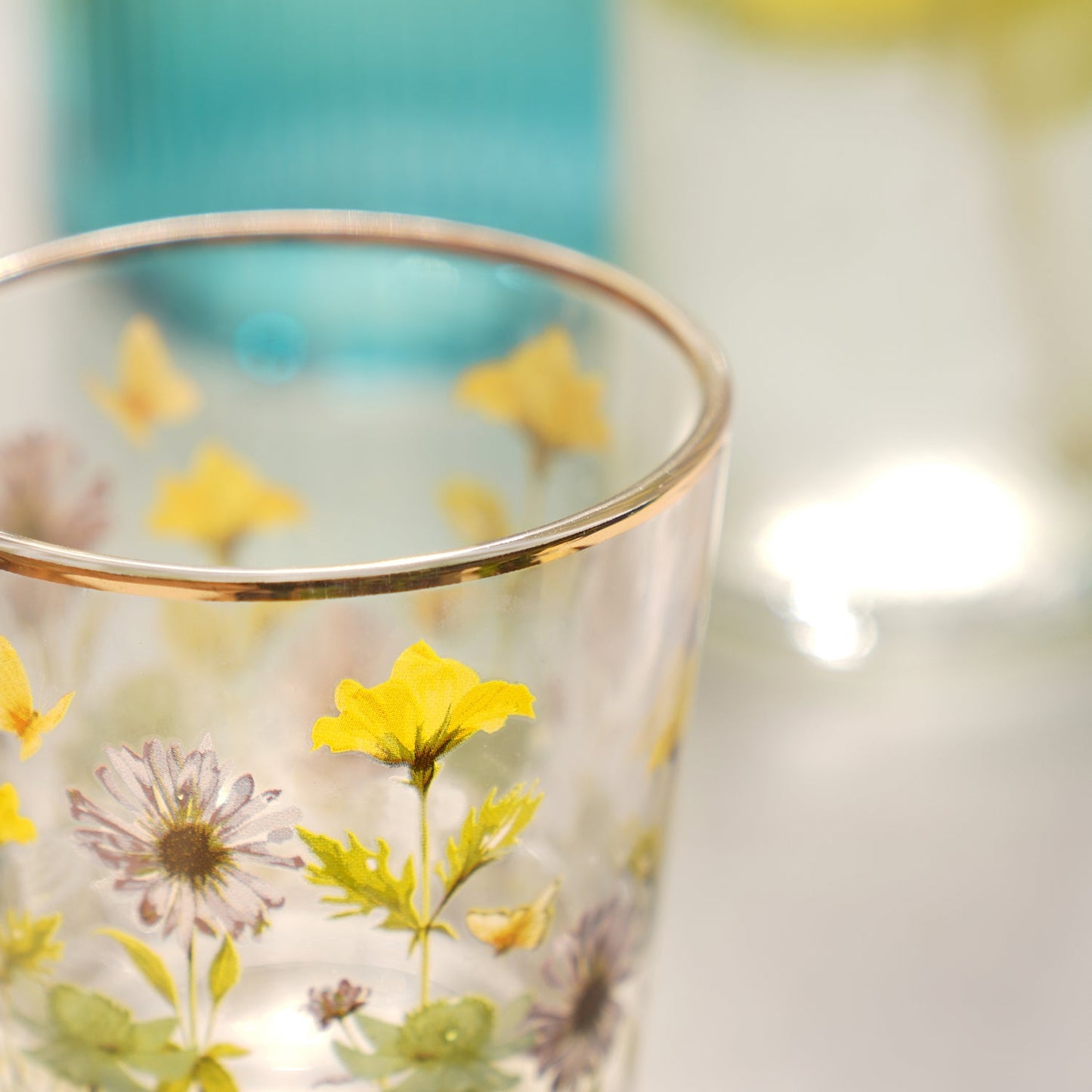 Set of 2 Clear & Yellow Floral Print Drinking Glasses