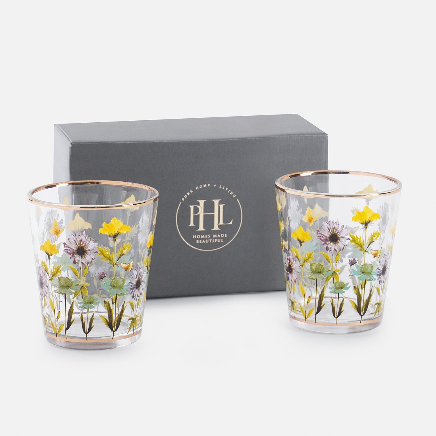 Set of 2 Clear & Yellow Floral Print Drinking Glasses