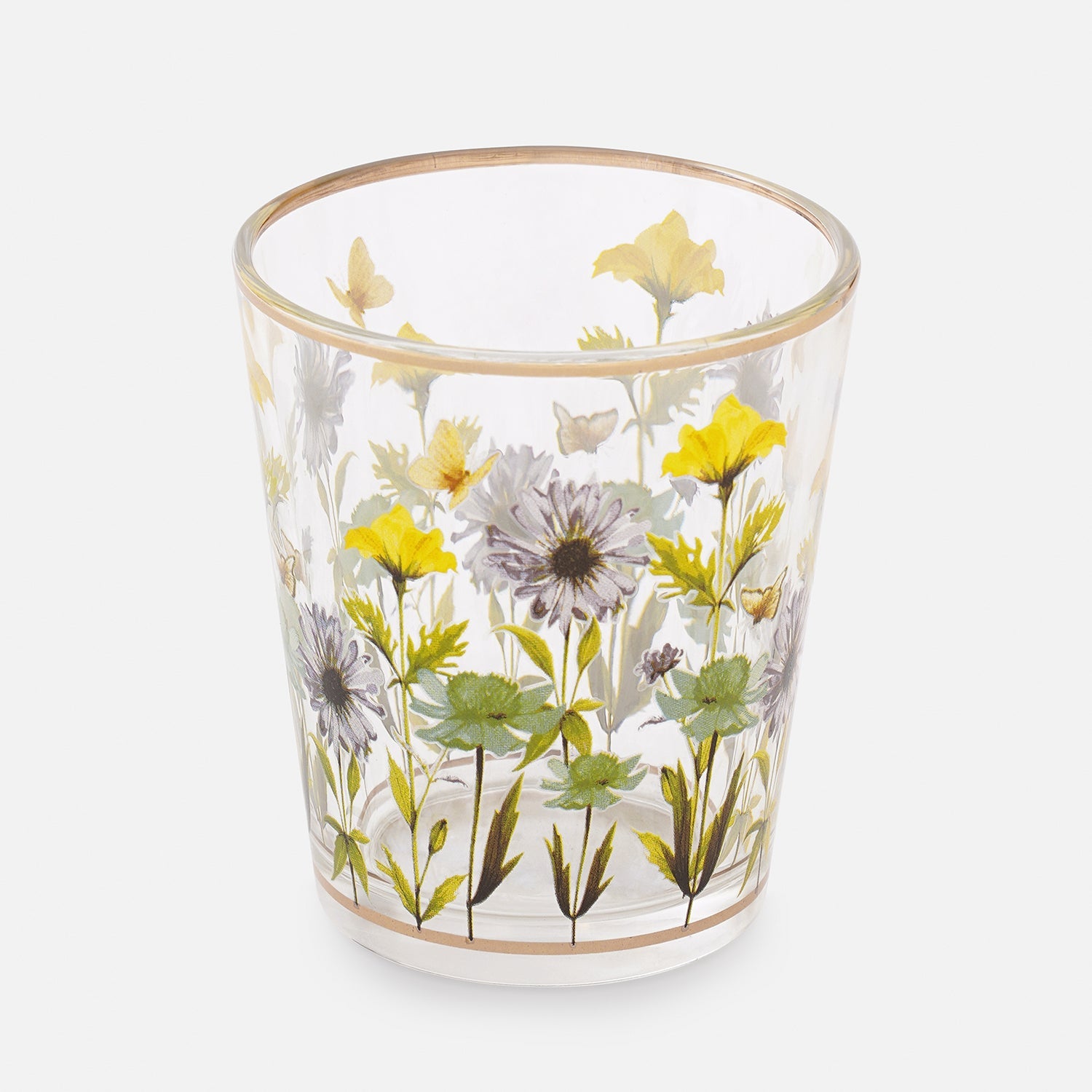 Set of 2 Clear & Yellow Floral Print Drinking Glasses