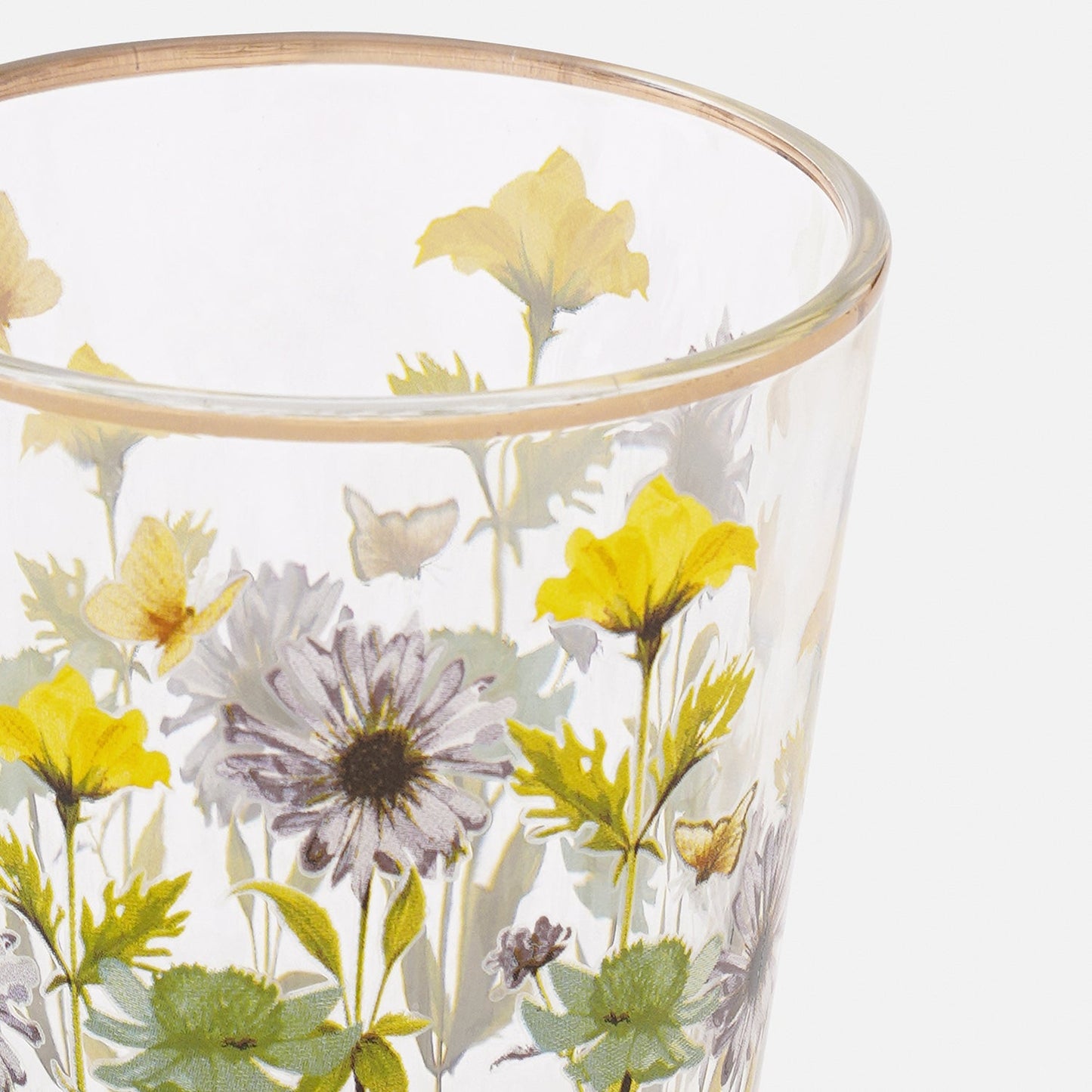 Set of 2 Clear & Yellow Floral Print Drinking Glasses