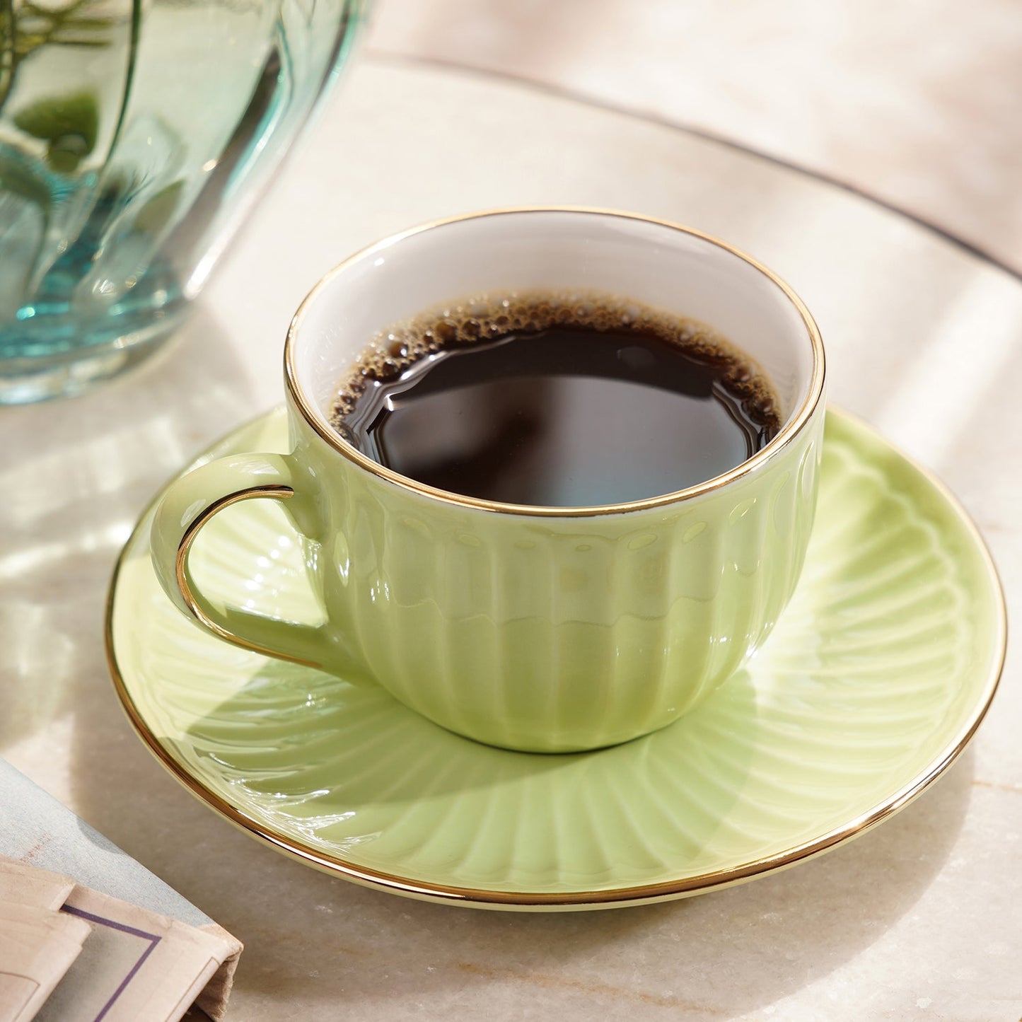 Set of 2 Green Ceramic Ribbed Cups and Saucers