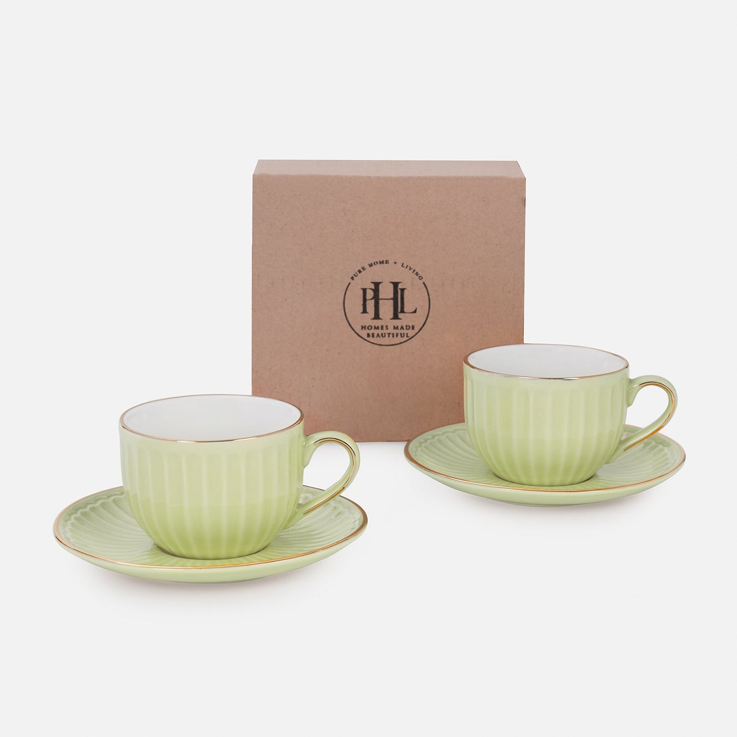 Set of 2 Green Ceramic Ribbed Cups and Saucers