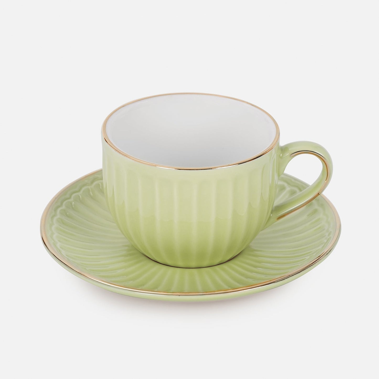 Set of 2 Green Ceramic Ribbed Cups and Saucers