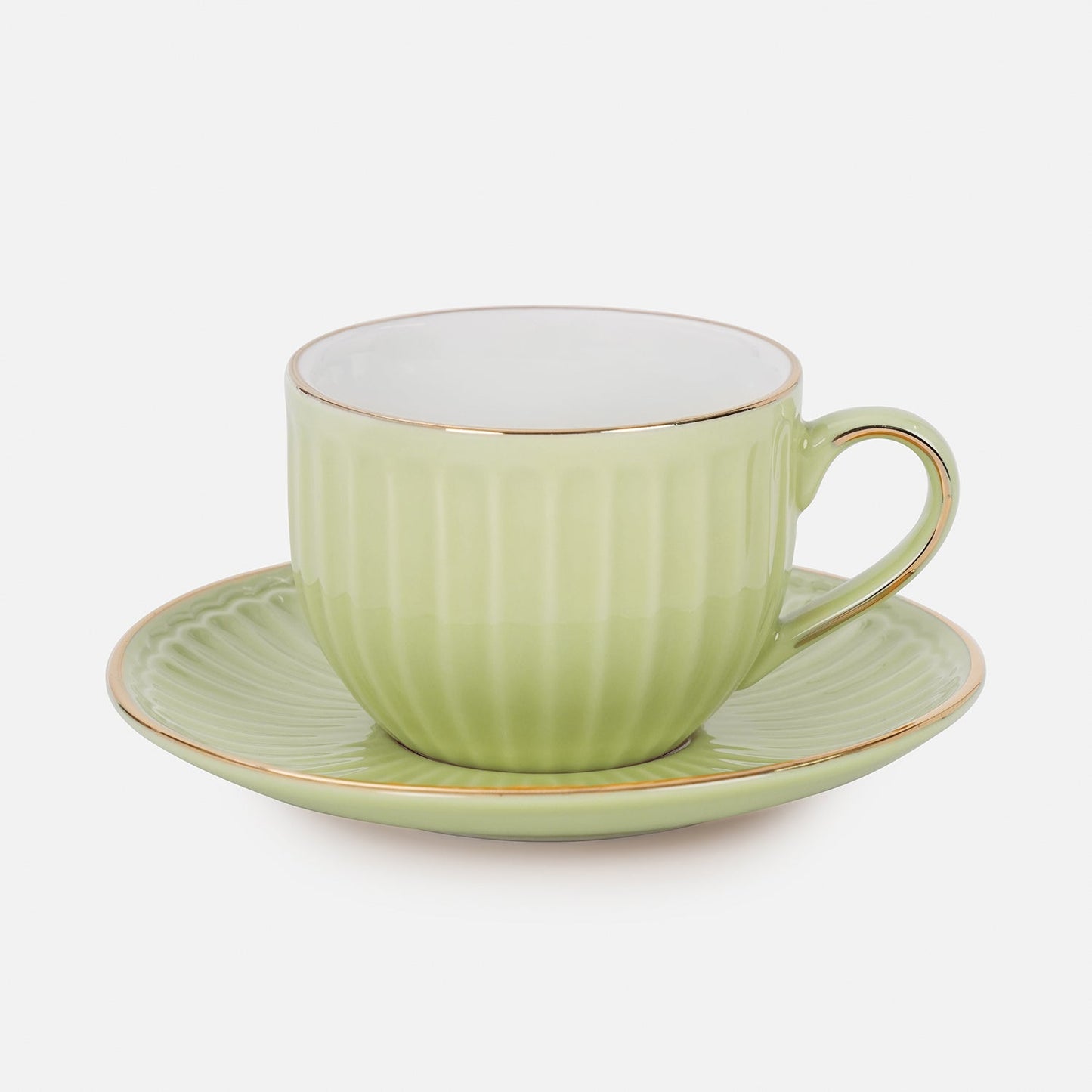 Set of 2 Green Ceramic Ribbed Cups and Saucers