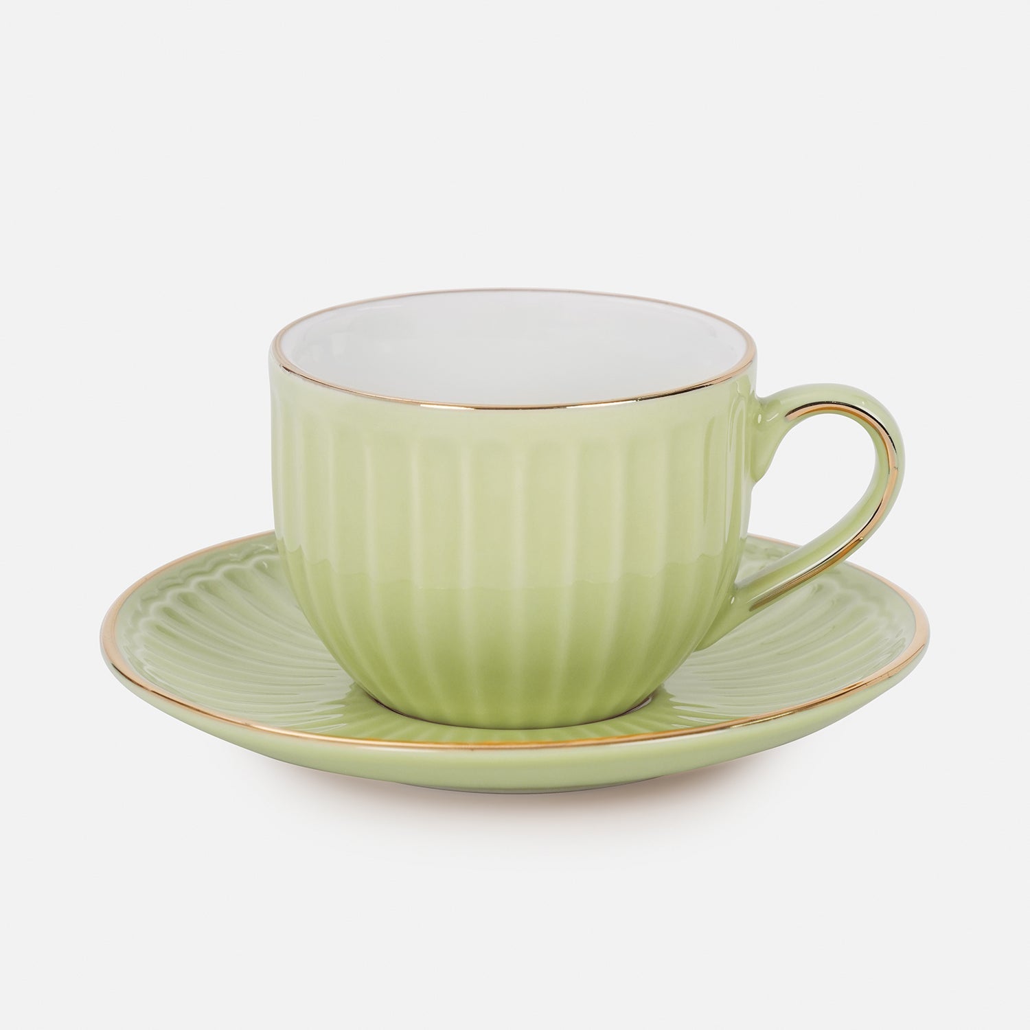 Set of 2 Green Ceramic Ribbed Cups and Saucers