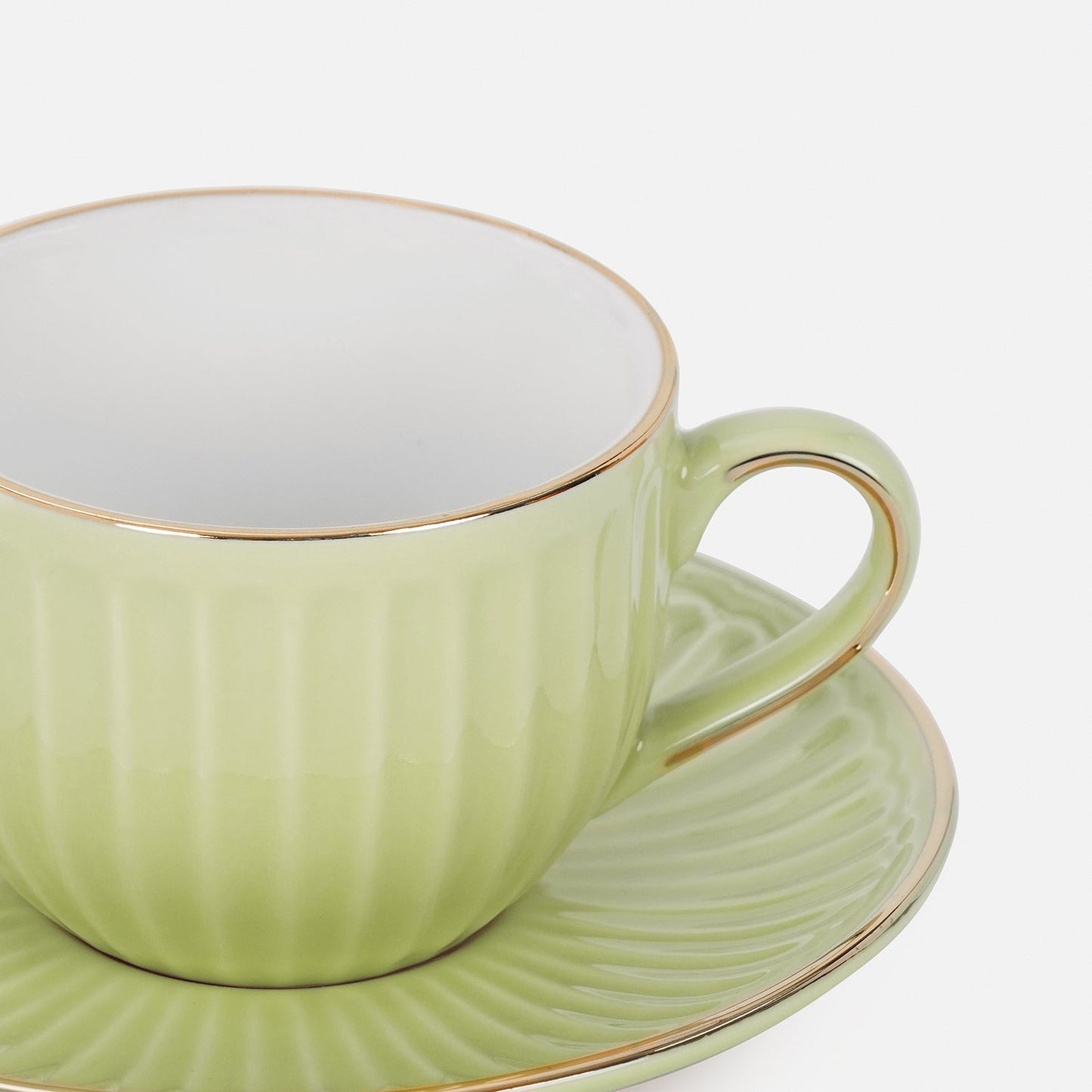 Set of 2 Green Ceramic Ribbed Cups and Saucers