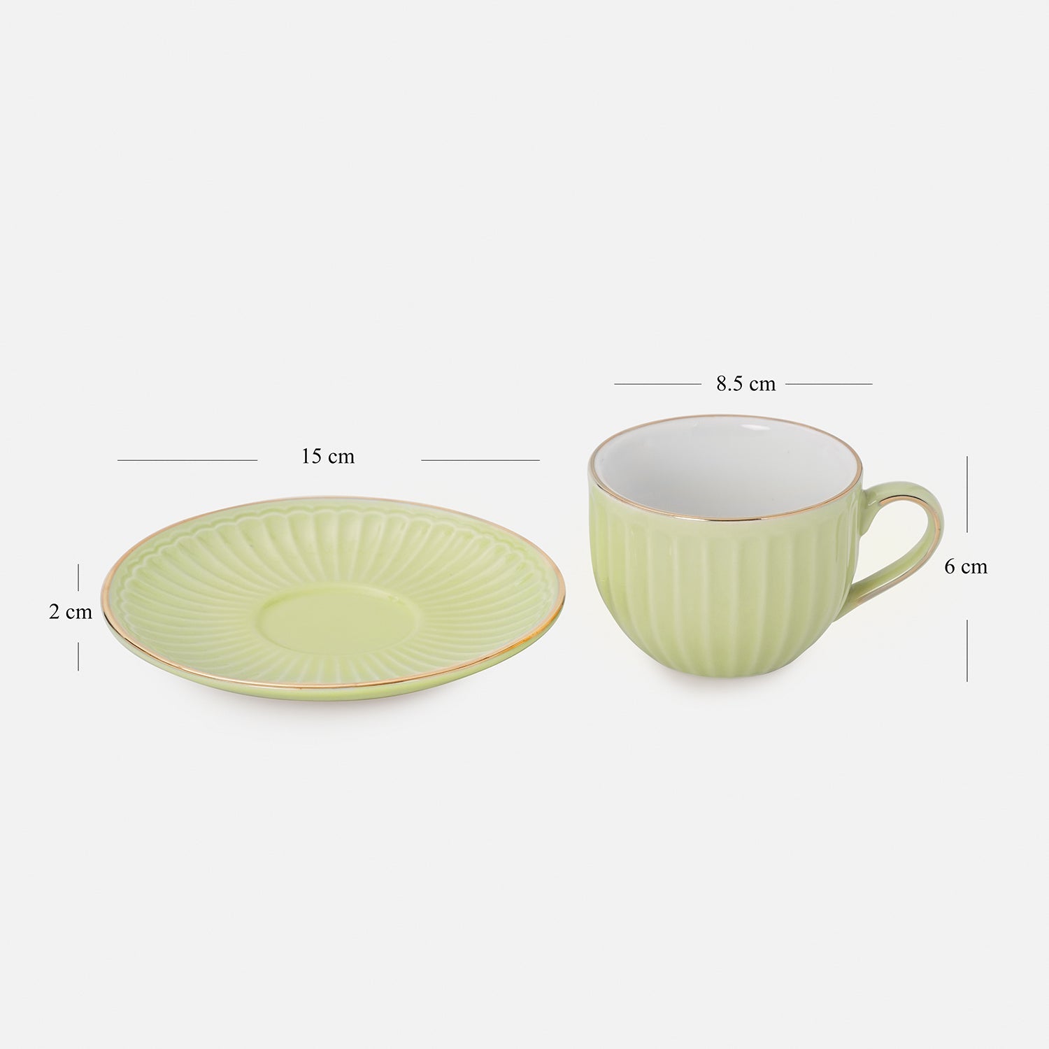 Set of 2 Green Ceramic Ribbed Cups and Saucers