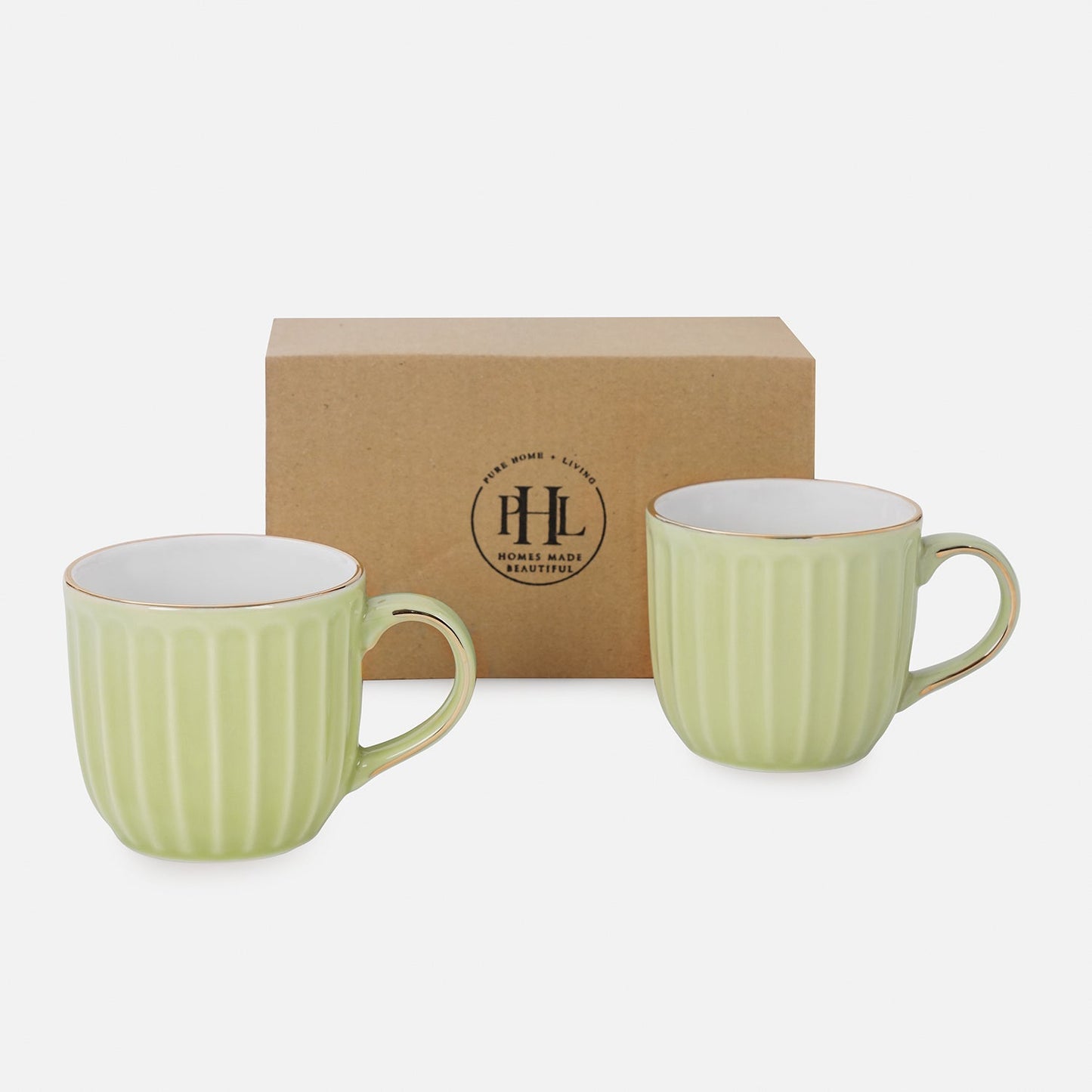 Set of 2 Green Ceramic Ribbed Coffee Cups