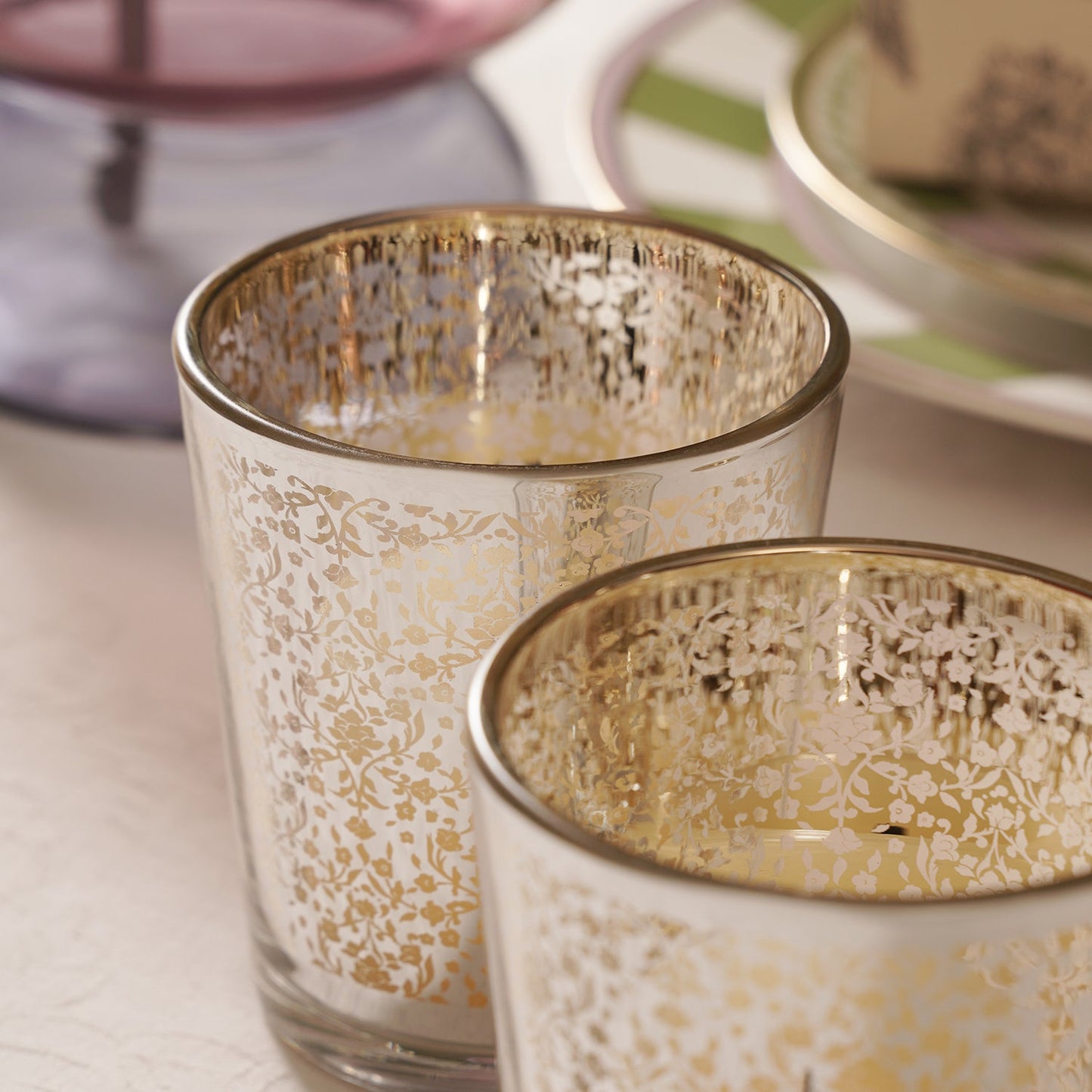 Set of 2 Pearl Patterned Pearl Finish Votives - Large