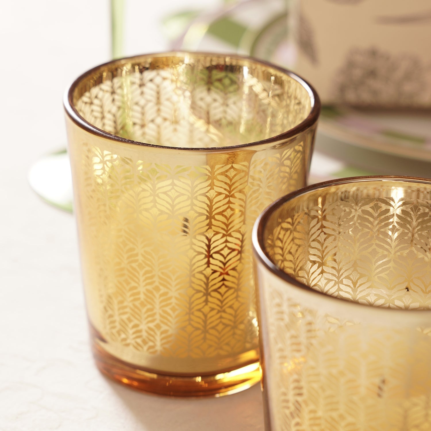 Set of 2 Gold Patterned Votives - Large