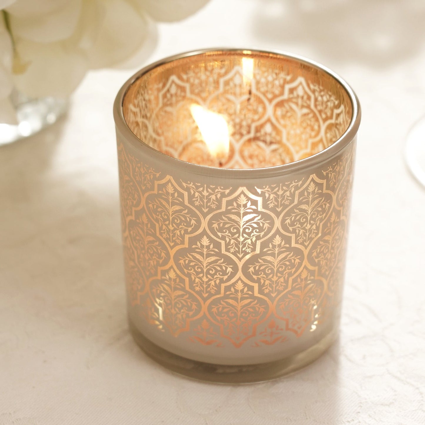 Set of 2 Pearl and Gold Patterned Glass Votives - Small
