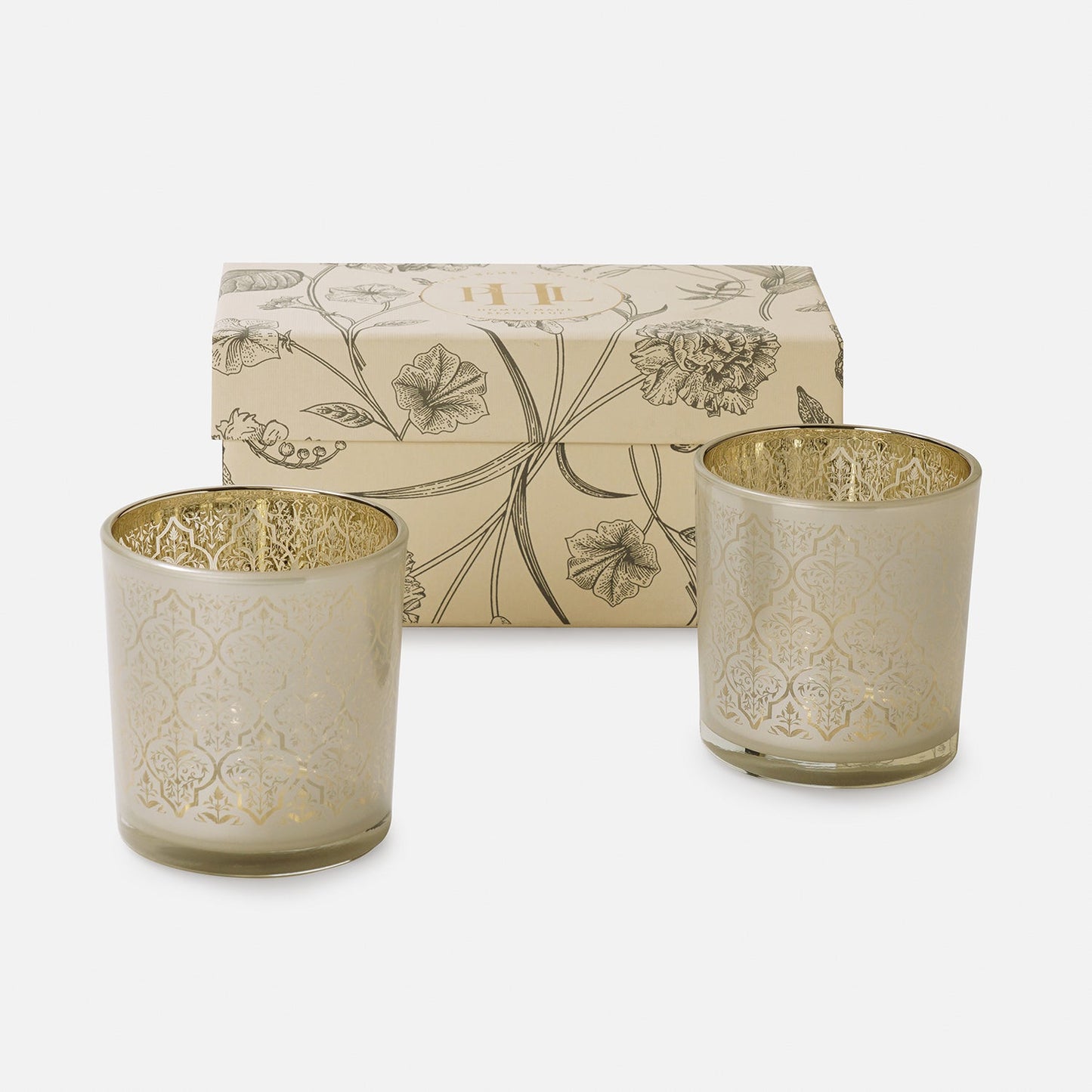Set of 2 Pearl and Gold Patterned Glass Votives - Small