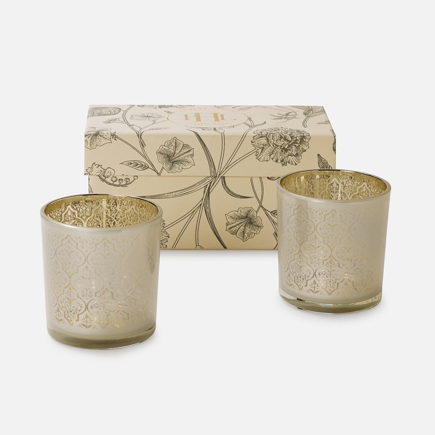 Set of 2 Pearl and Gold Patterned Glass Votives - Small