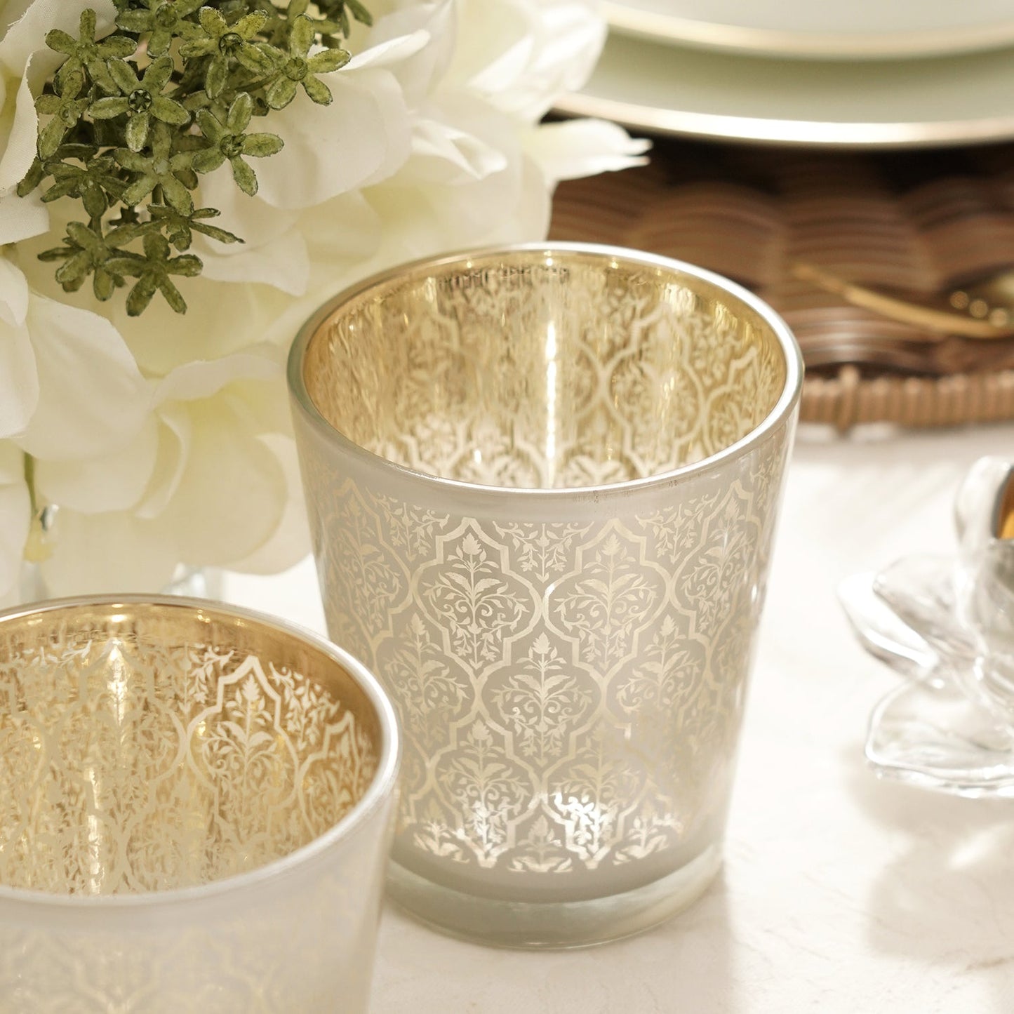 Set of 2 Pearl and Gold Patterned Glass Votives - Large