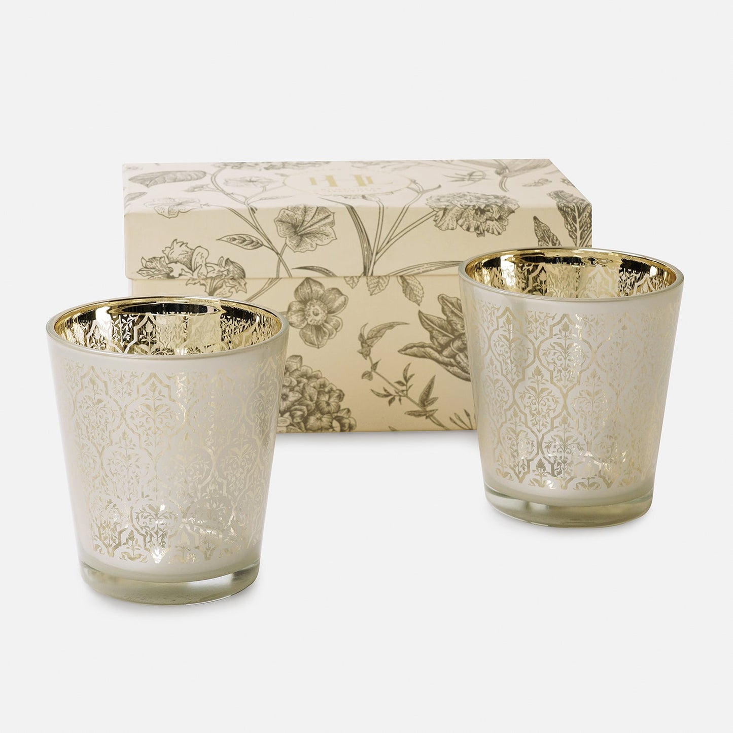 Set of 2 Pearl and Gold Patterned Glass Votives - Large