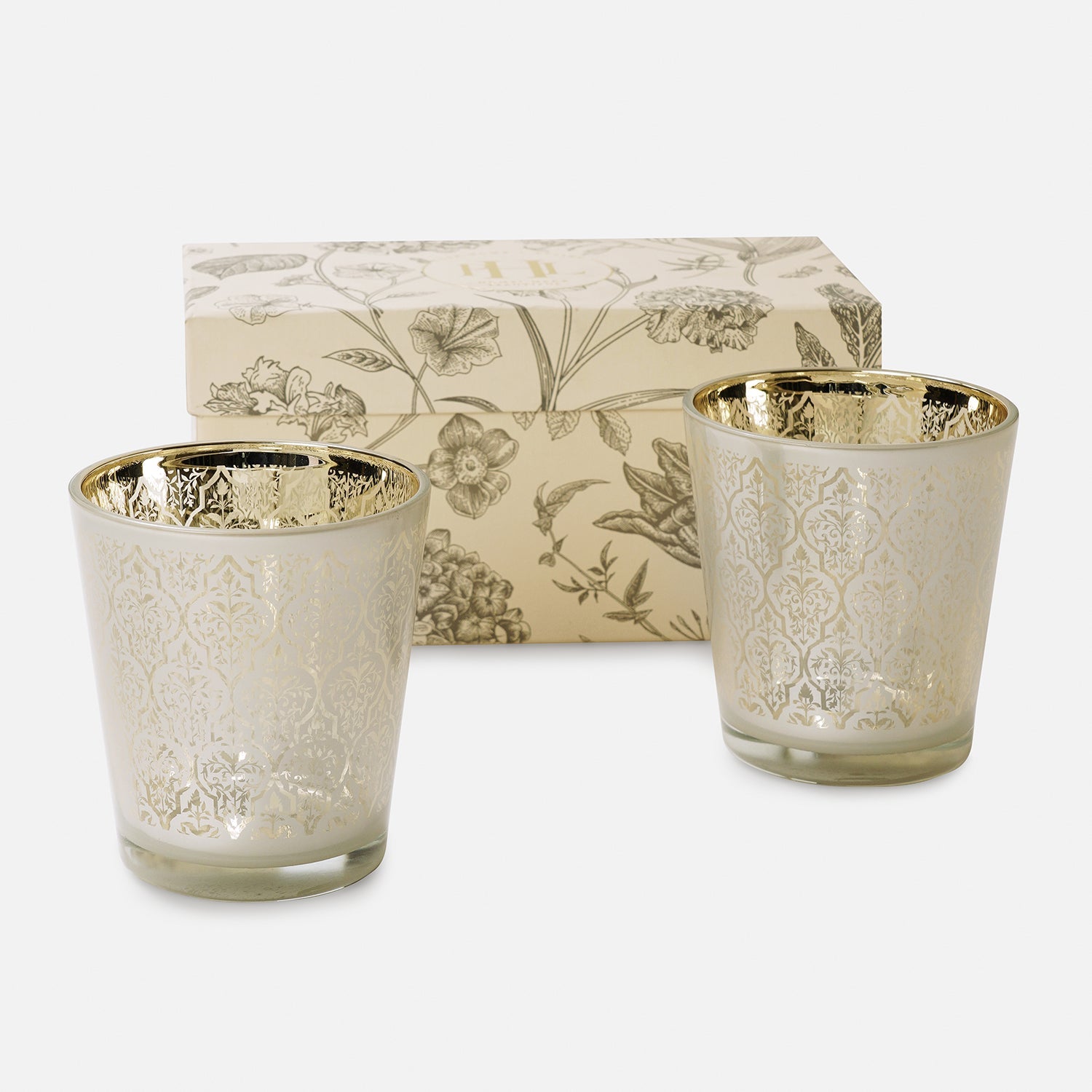 Set of 2 Pearl and Gold Patterned Glass Votives - Large