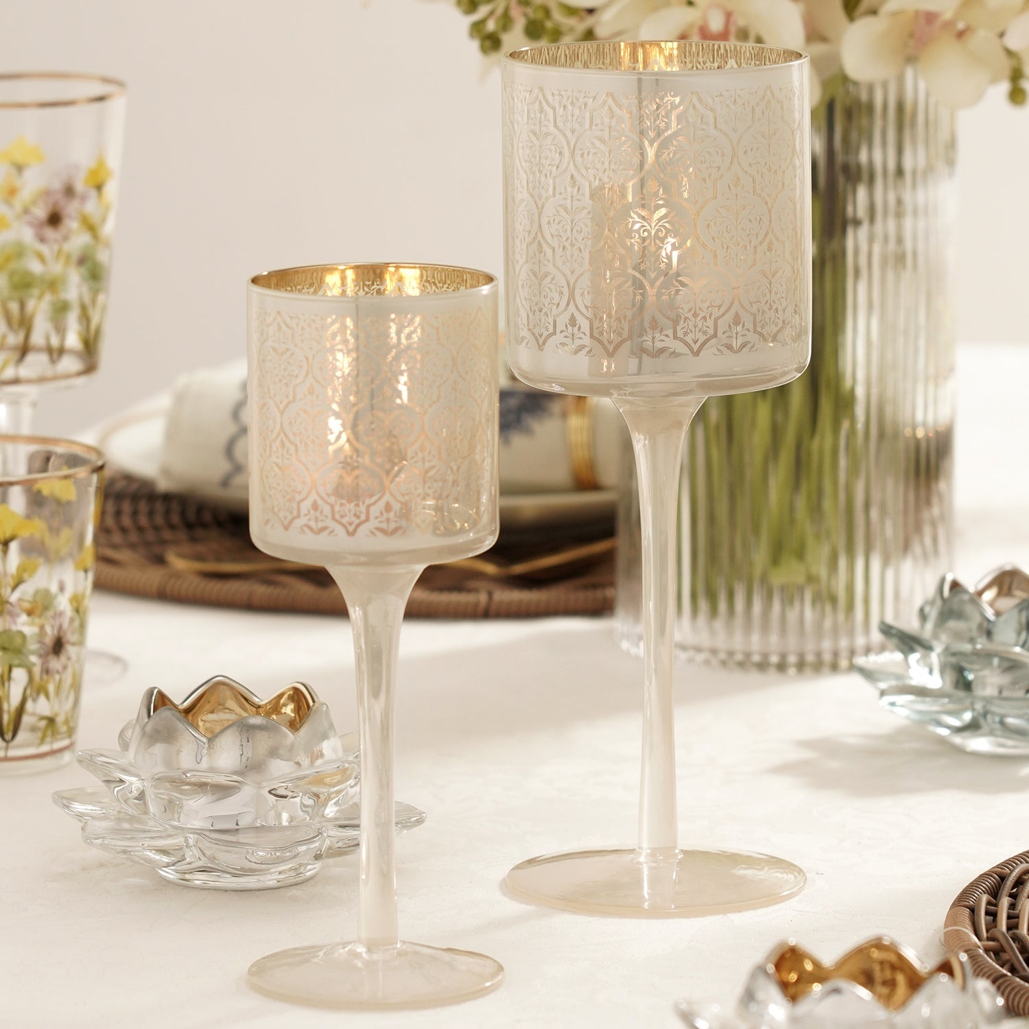 Set Of 2 Pearl & Gold Patterned Stem Glass Candle Holders