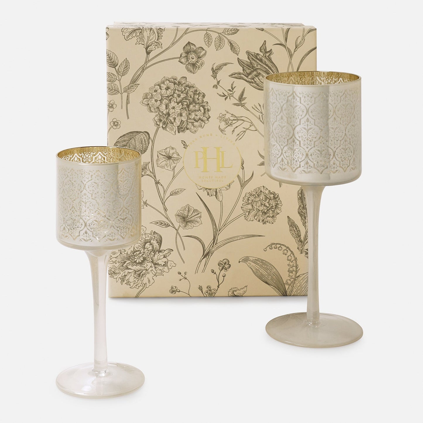Set Of 2 Pearl & Gold Patterned Stem Glass Candle Holders