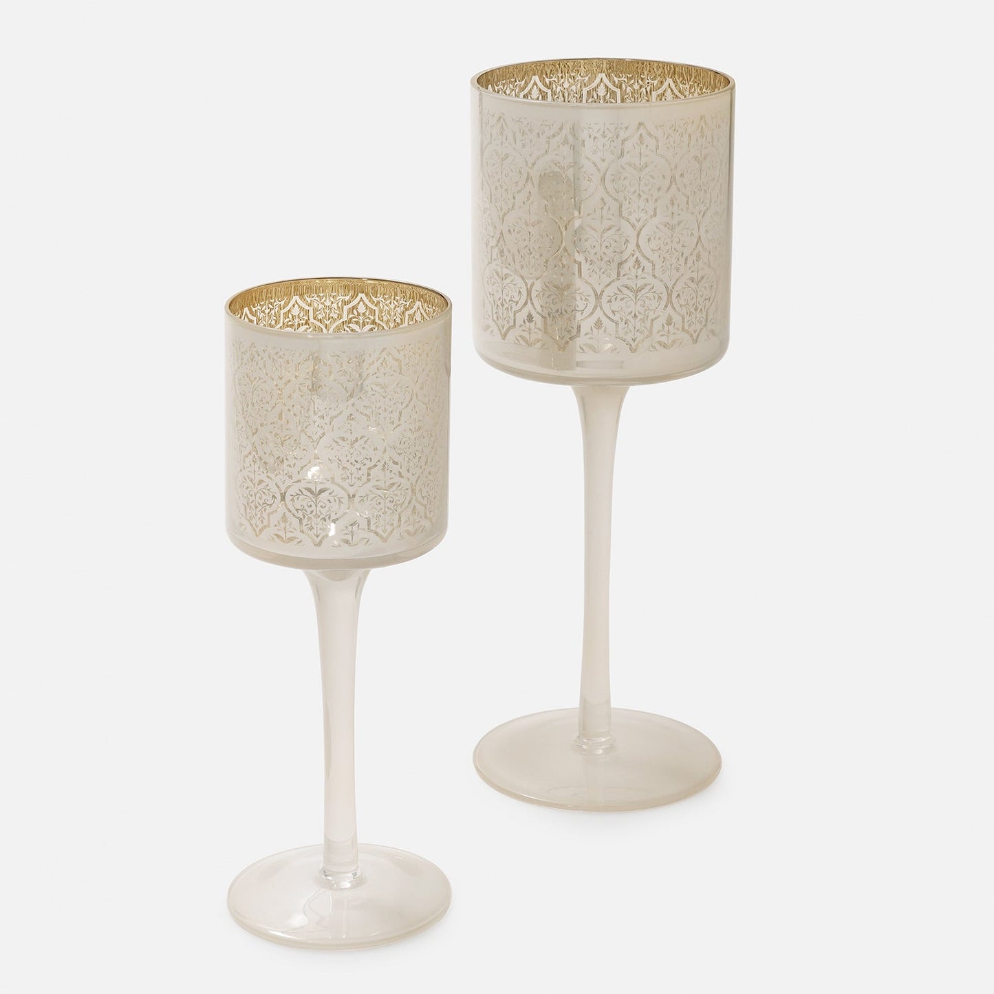 Set Of 2 Pearl & Gold Patterned Stem Glass Candle Holders