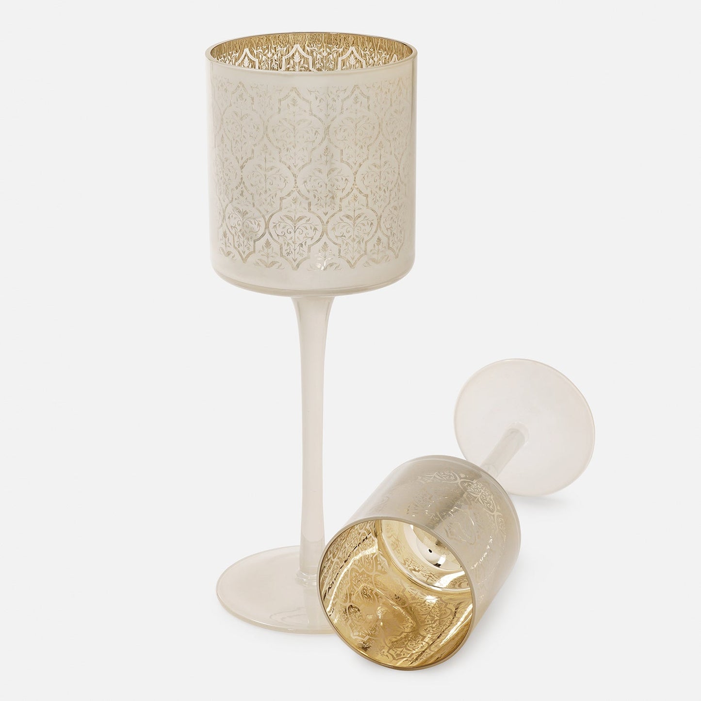 Set Of 2 Pearl & Gold Patterned Stem Glass Candle Holders