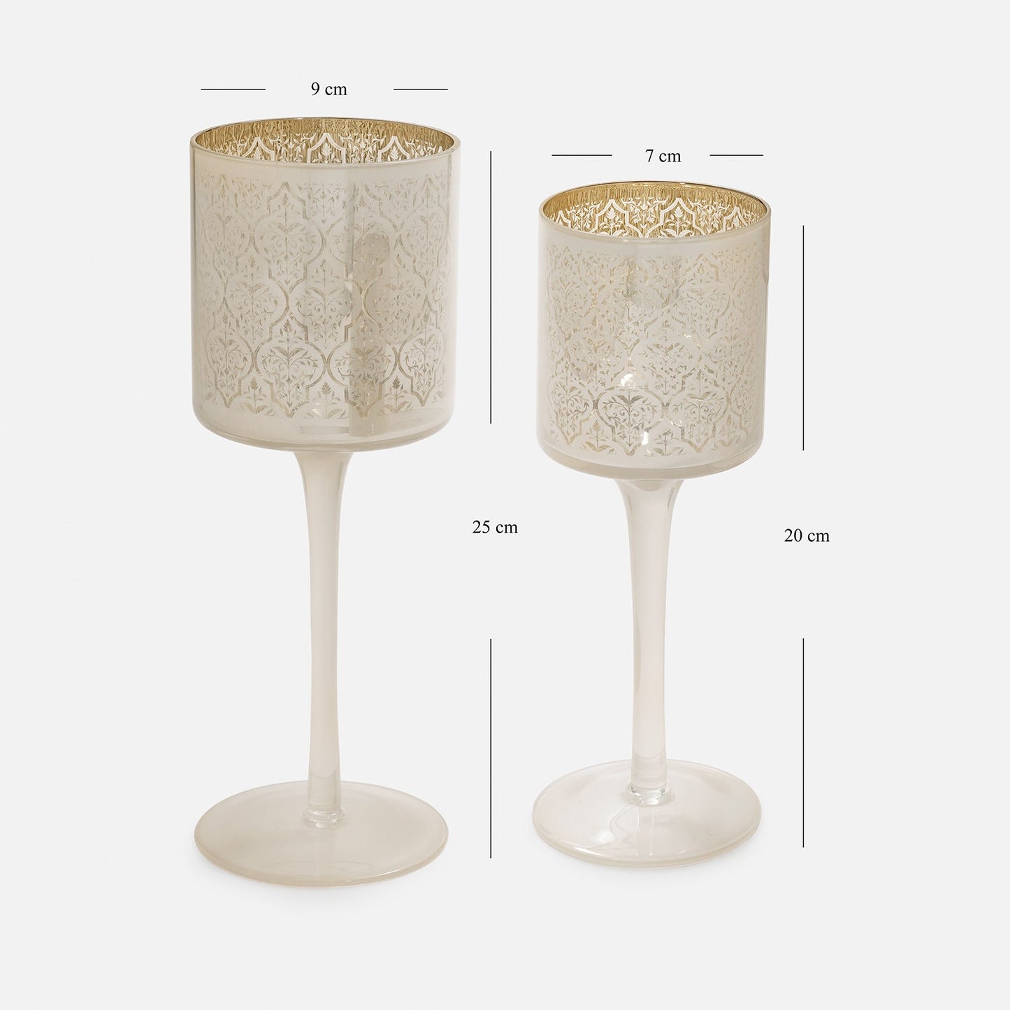Set Of 2 Pearl & Gold Patterned Stem Glass Candle Holders