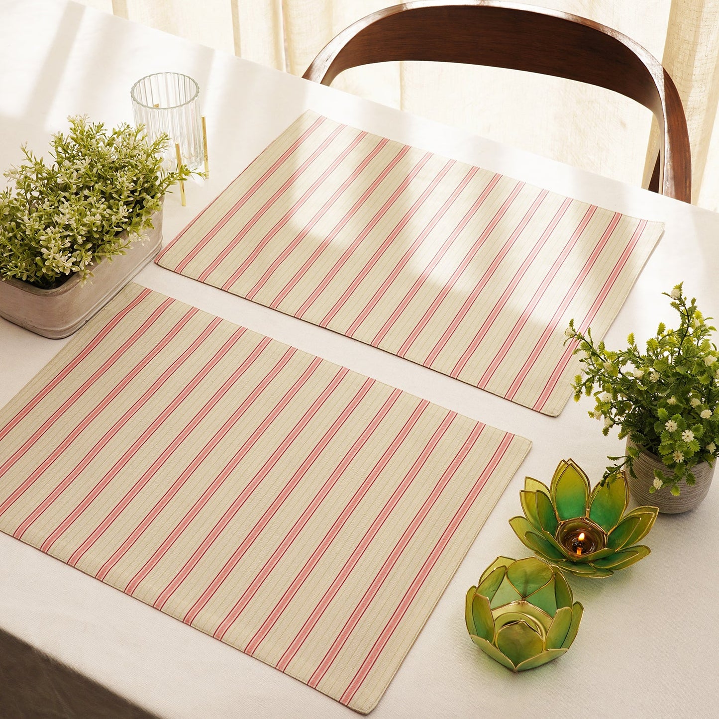 Set of 2 Pink Striped Cotton Placemats