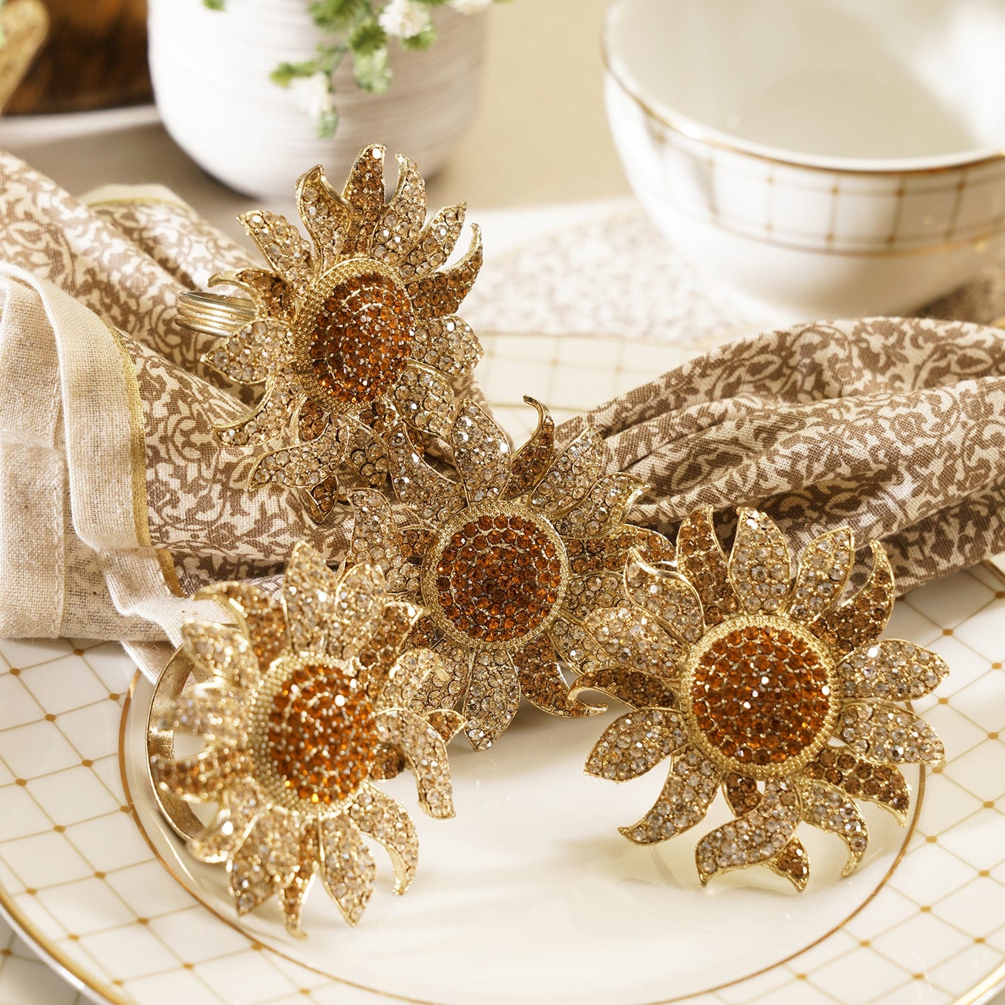 Set of 4 Gold Stone Encrusted Flower Shaped Napkin Rings